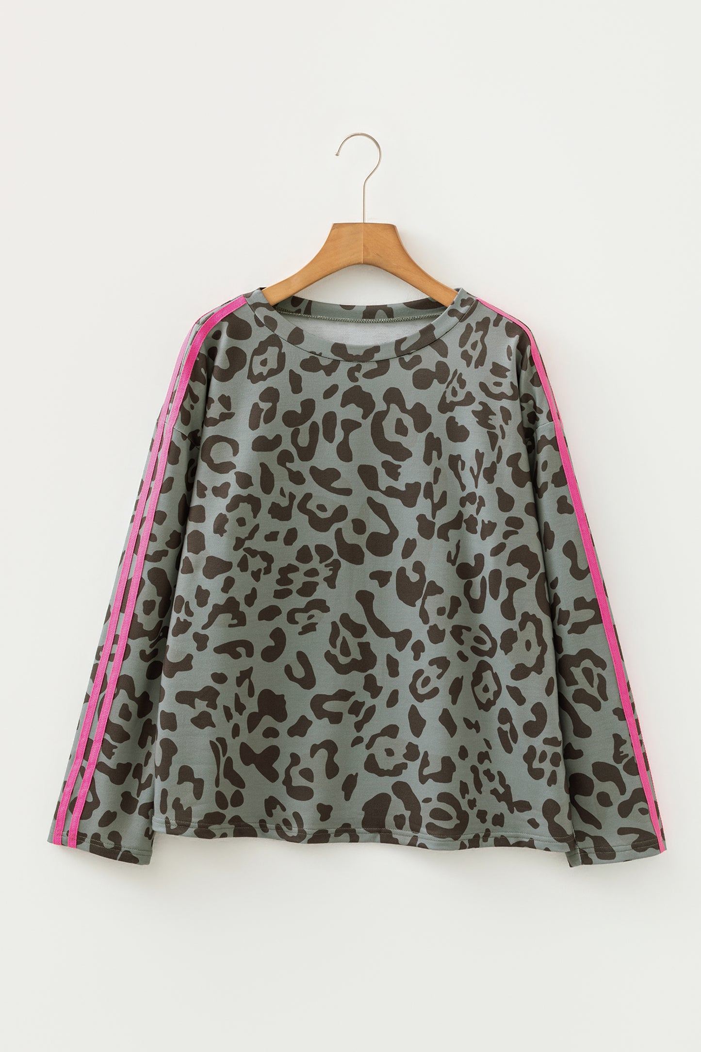 Green Leopard Print Varsity Striped Trim Long Sleeve Top-Tops/Long Sleeve Tops-[Adult]-[Female]-2022 Online Blue Zone Planet