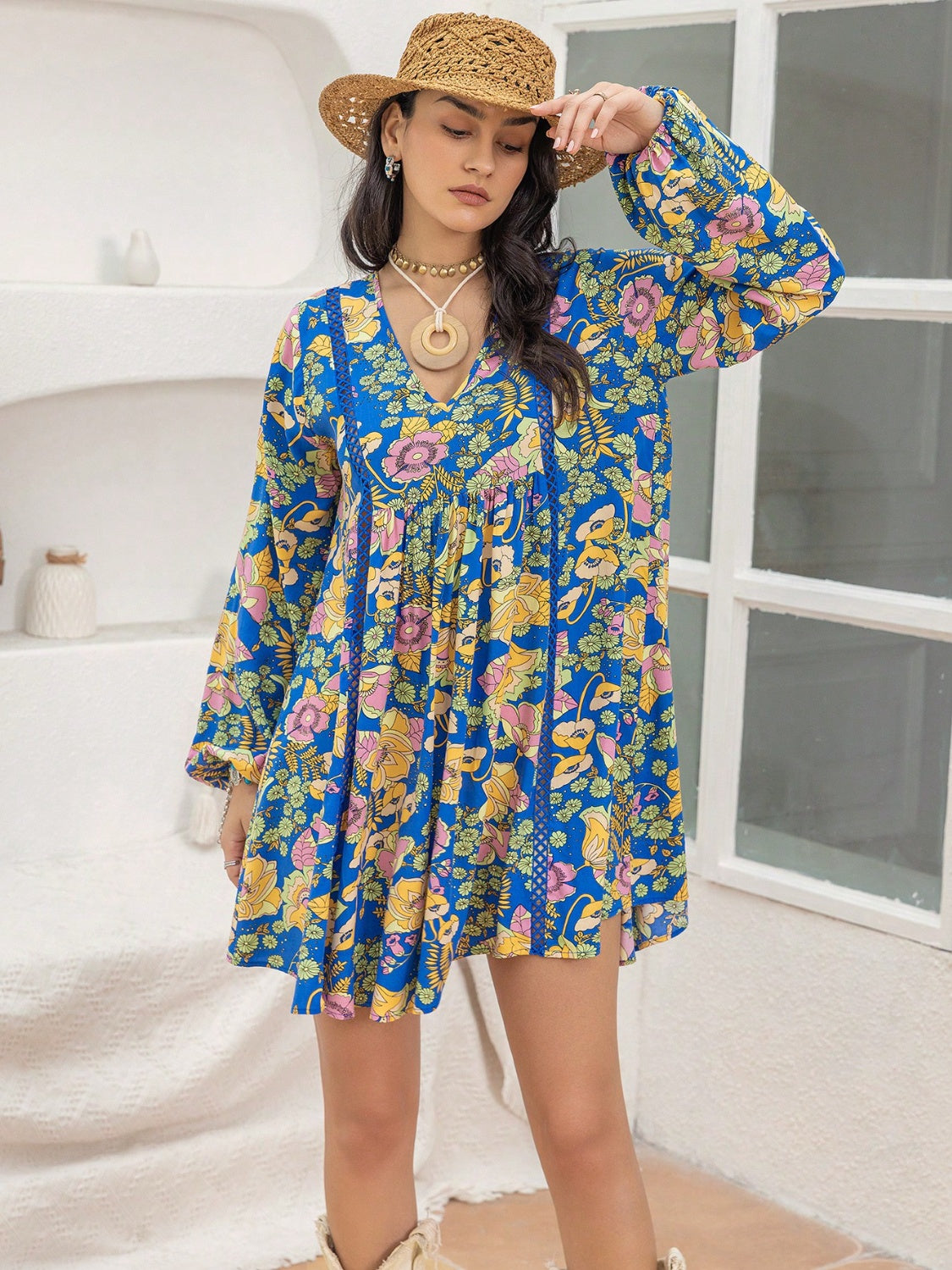 Blue Zone Planet | Printed V-Neck Balloon Sleeve Mini Dress-TOPS / DRESSES-[Adult]-[Female]-Royal Blue-S-2022 Online Blue Zone Planet