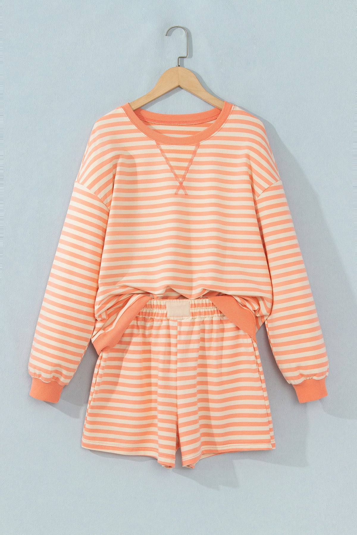 Grapefruit Orange Drop Shoulder Long Sleeve Pullover Elastic Waist Casual Short Set-Two Piece Sets/Short Sets-[Adult]-[Female]-2022 Online Blue Zone Planet
