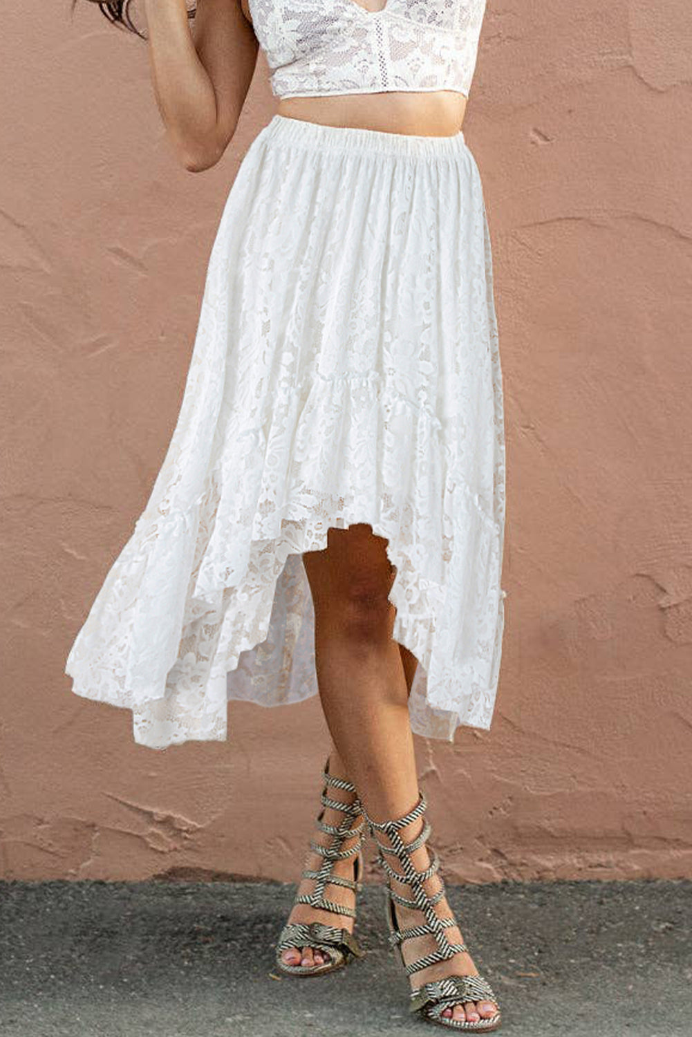 White Lace Ruffled High-low Hem Midi Skirt-Bottoms/Skirts & Petticoat-[Adult]-[Female]-2022 Online Blue Zone Planet