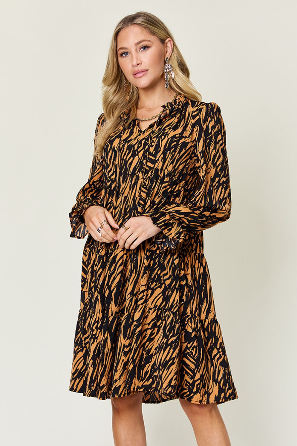 Double Take Full Size Printed Ruffle Hem Long Sleeve Dress-TOPS / DRESSES-[Adult]-[Female]-Caramel-S-2022 Online Blue Zone Planet