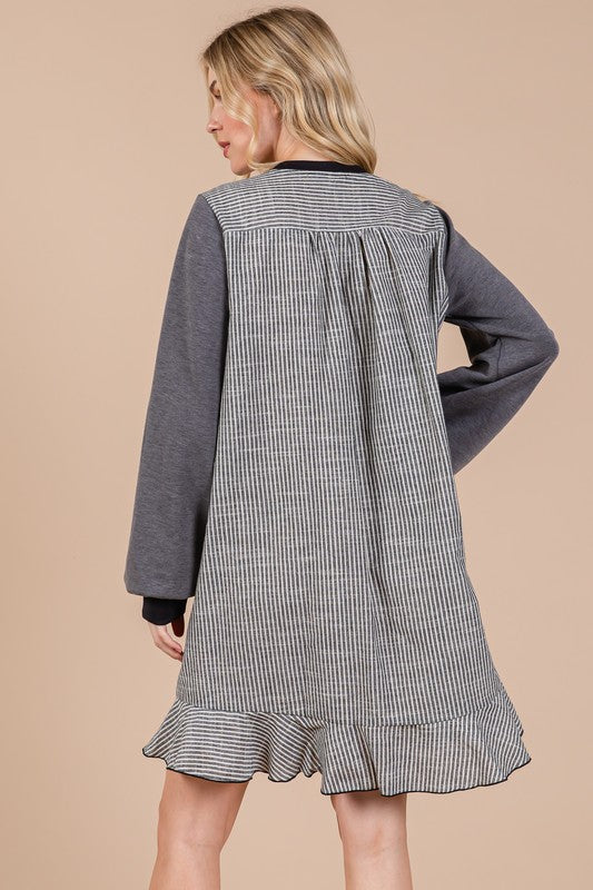 Ces Femme Striped Patchwork Round Neck Terry Sweatshirt Dress-TOPS / DRESSES-[Adult]-[Female]-2022 Online Blue Zone Planet