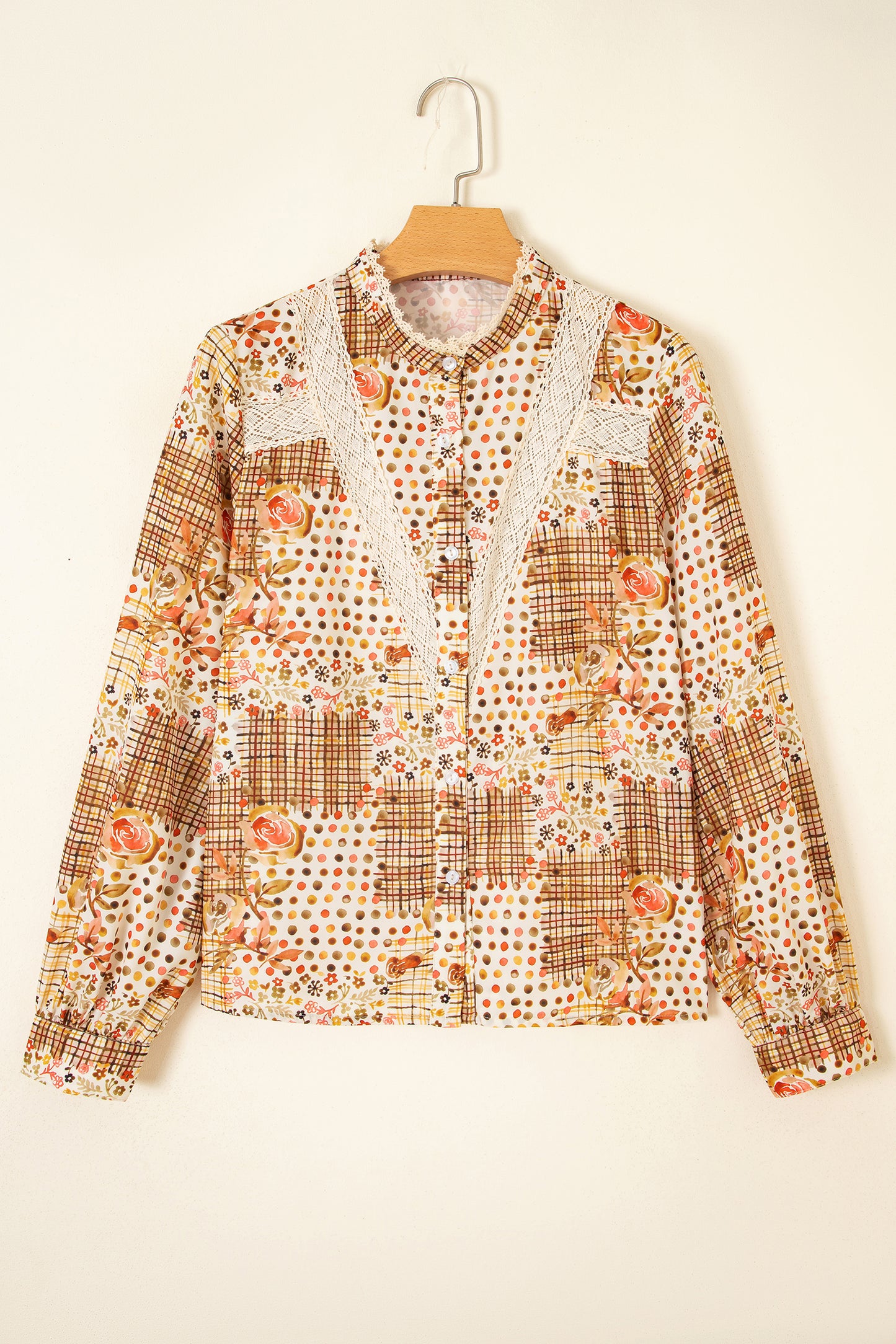 Brown Floral Lace Trim Button Down Long Sleeve Shirt-Tops/Blouses & Shirts-[Adult]-[Female]-2022 Online Blue Zone Planet