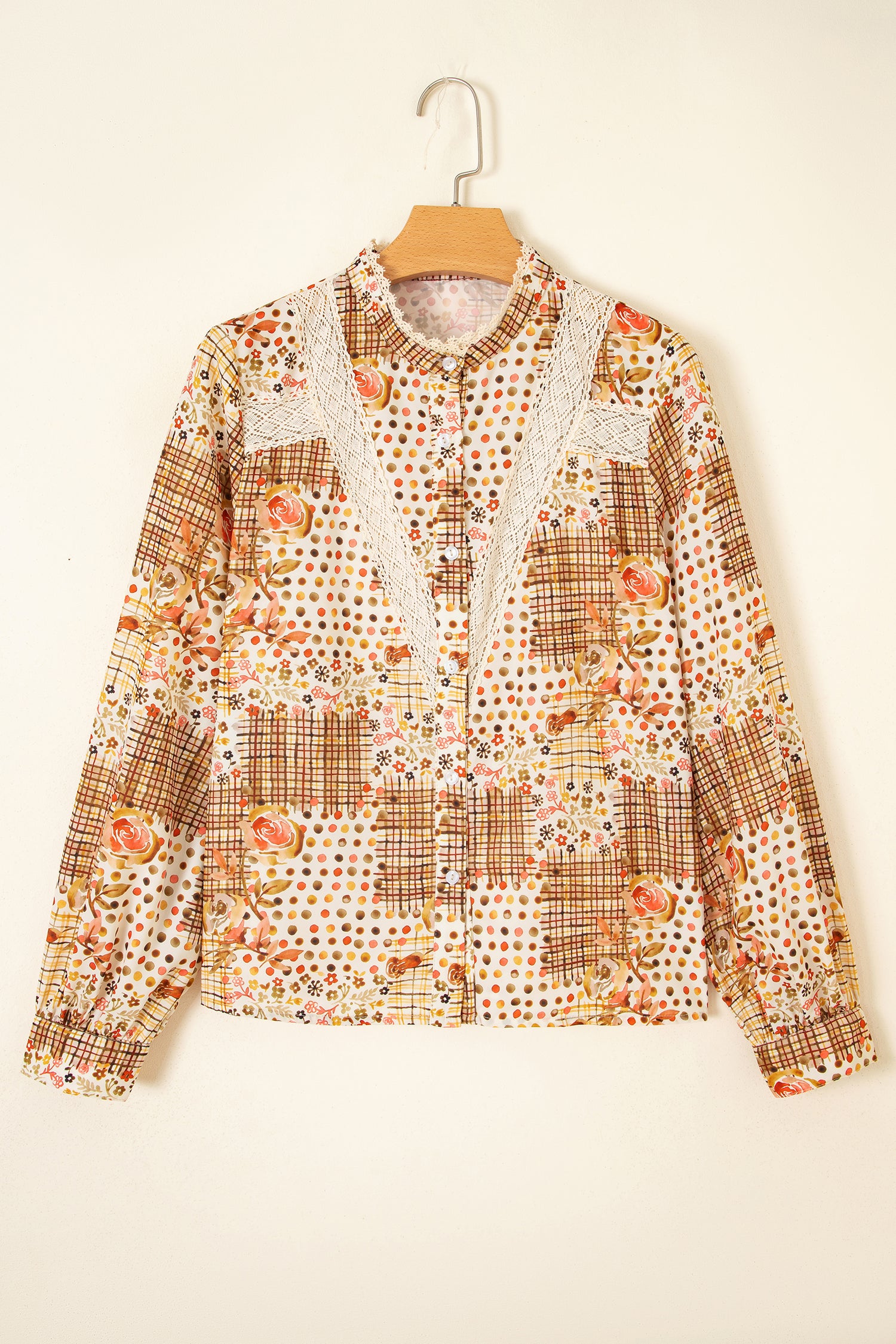Brown Floral Lace Trim Button Down Long Sleeve Shirt-Tops/Blouses & Shirts-[Adult]-[Female]-2022 Online Blue Zone Planet