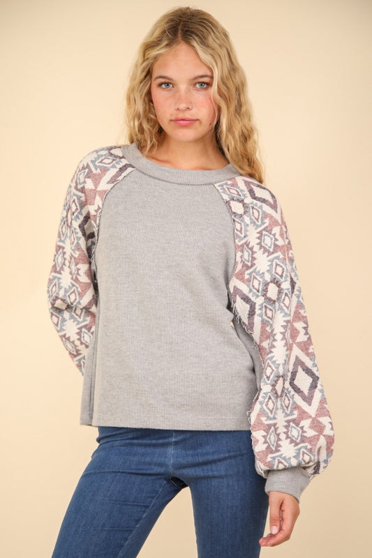 VERY J Printed Long Sleeve Round Neck Knit Top-TOPS / DRESSES-[Adult]-[Female]-H Grey-S-2022 Online Blue Zone Planet