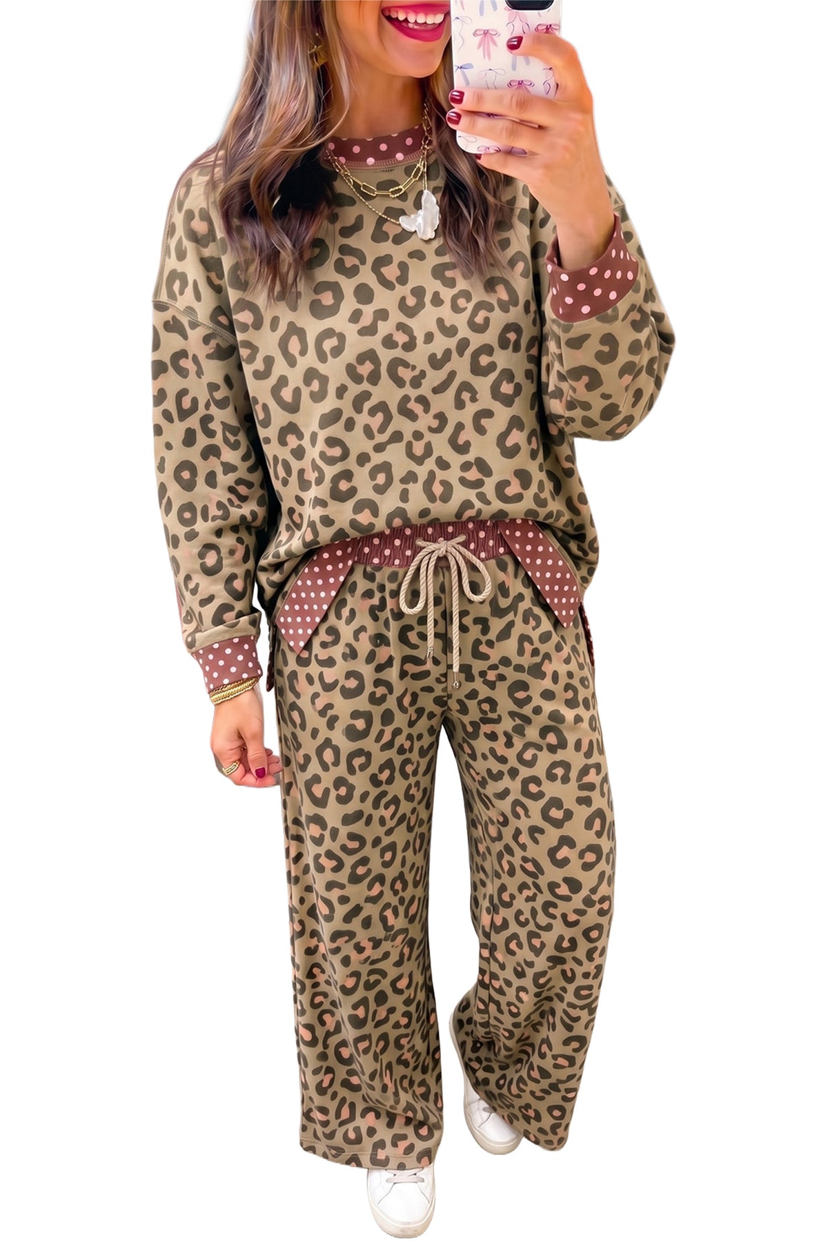 Brown Leopard Polka Dot Two Piece Pants Set-Two Piece Sets/Pant Sets-[Adult]-[Female]-2022 Online Blue Zone Planet