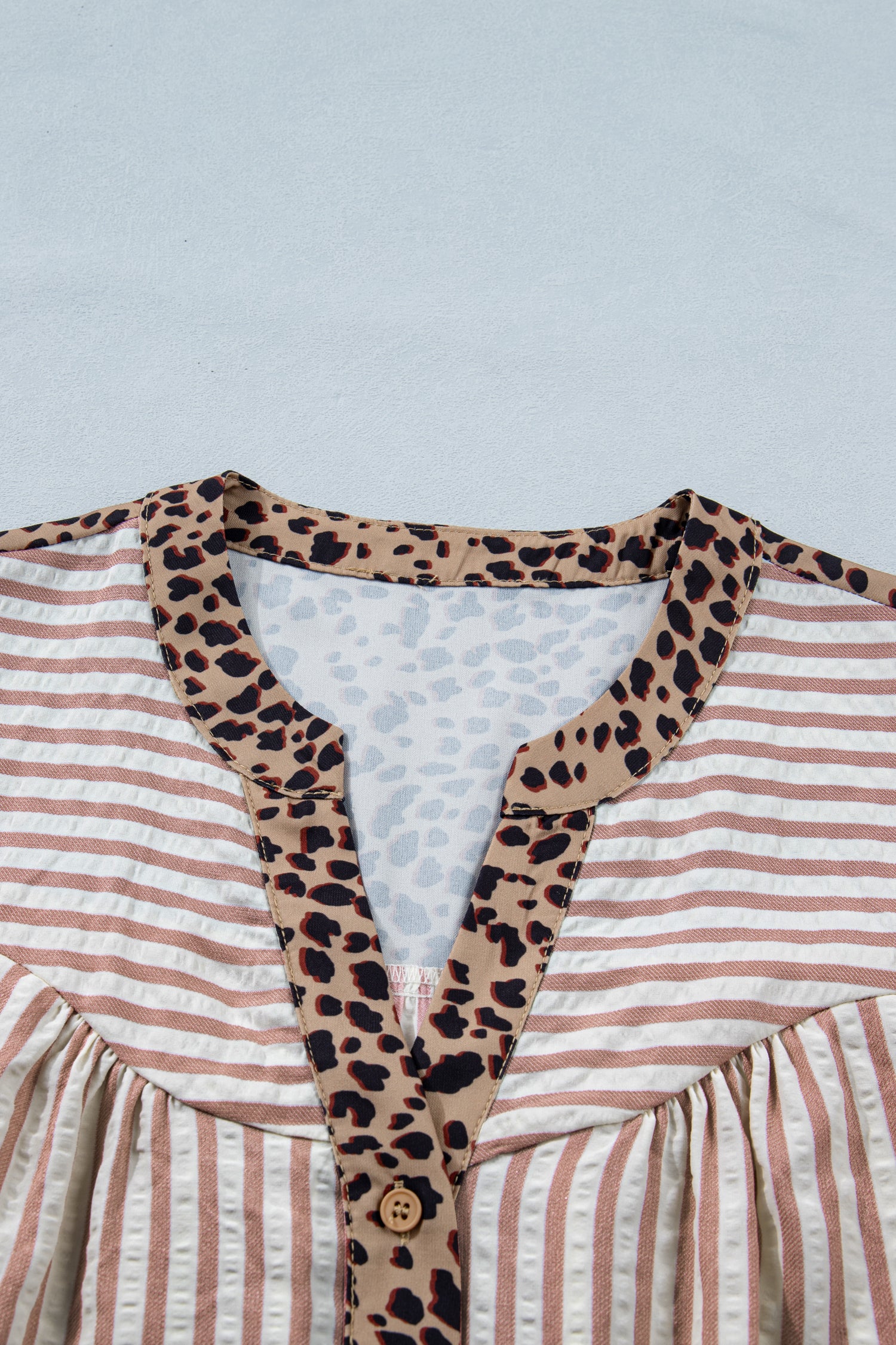 Pink Stripe Leopard Trim V Neck Button Down Half Sleeve Shirt-Tops/Blouses & Shirts-[Adult]-[Female]-2022 Online Blue Zone Planet