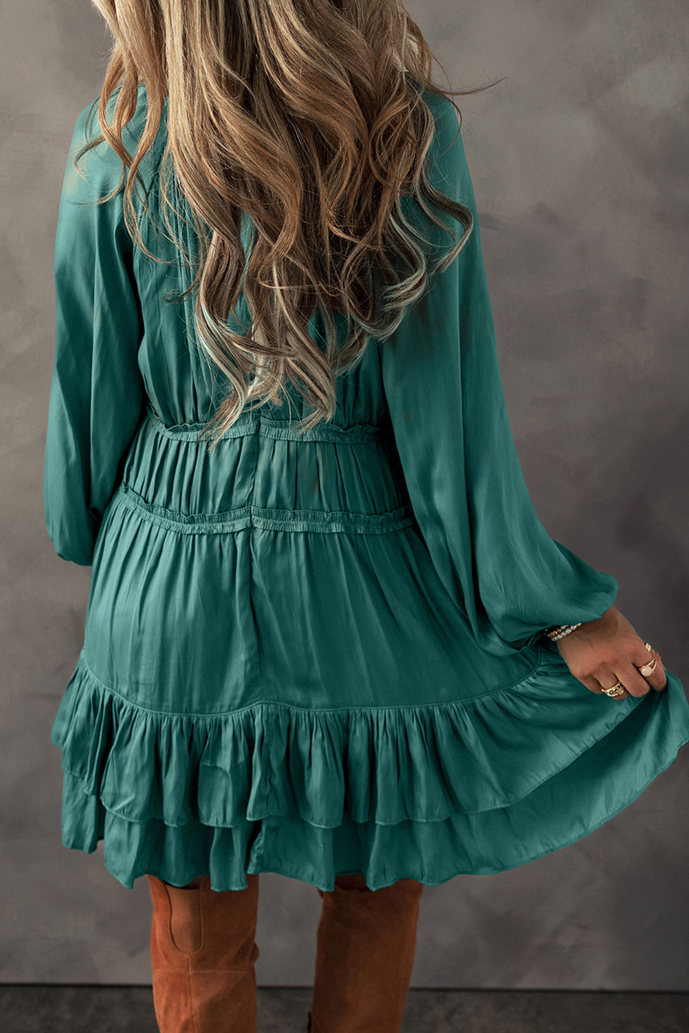 Mist Green Puff Sleeve Loose Fit Tiered Ruffle Mini Dress-Short Dresses-[Adult]-[Female]-2022 Online Blue Zone Planet