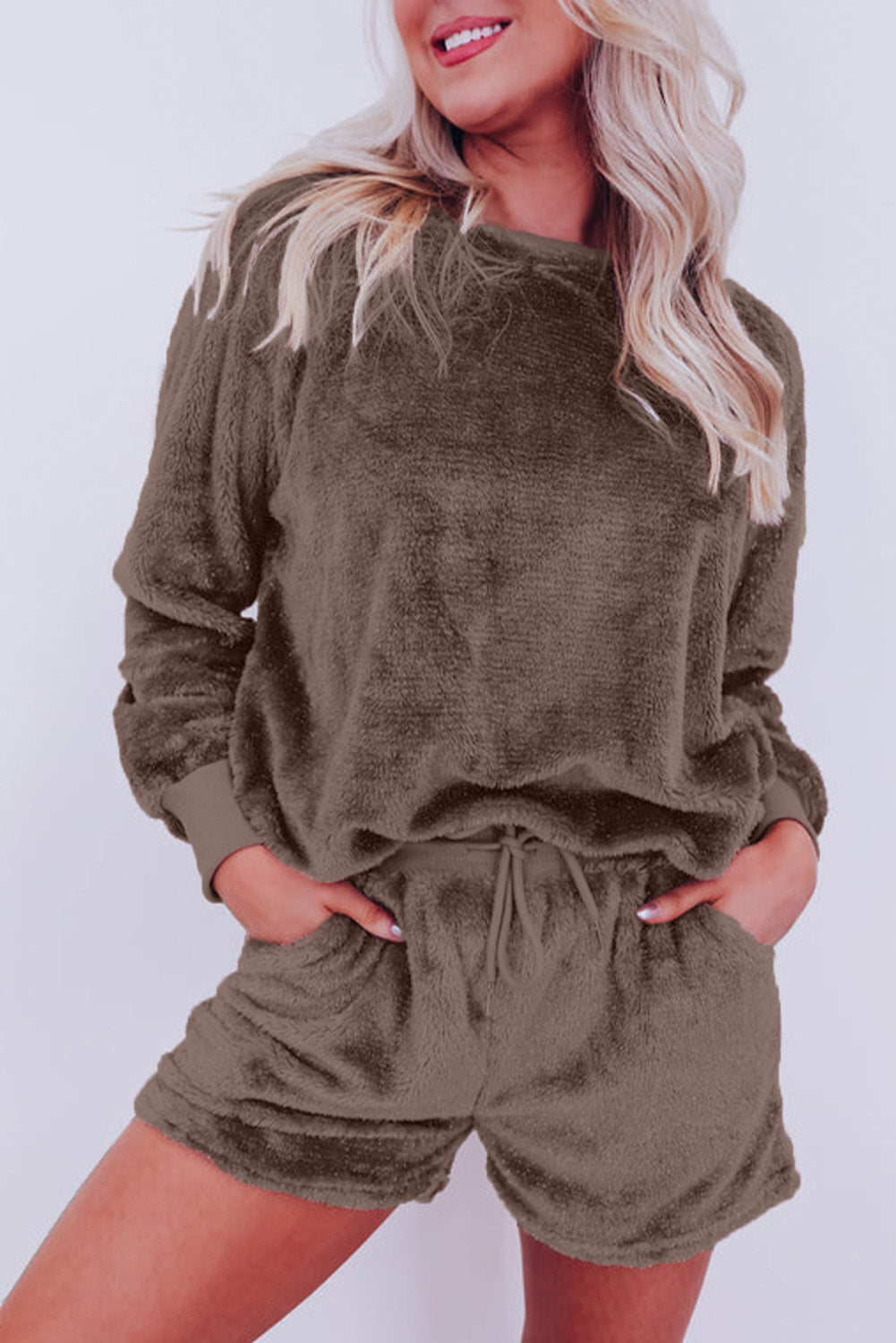 Coffee Solid Loose Fit Two Piece Fleece Lounge Set-Loungewear & Sleepwear/Loungewear-[Adult]-[Female]-Coffee-S-2022 Online Blue Zone Planet