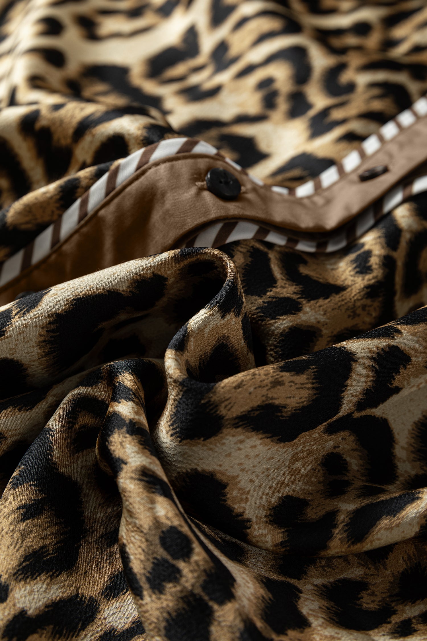 Brown Leopard Collared 3/4 Sleeve Shirt and Loose Pants Two Piece Outfit Set-Two Piece Sets/Pant Sets-[Adult]-[Female]-2022 Online Blue Zone Planet