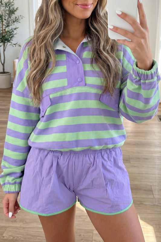 Purple Stripe Half Button Long Sleeve Top Mix and Match Shorts 2pcs Set-Two Piece Sets/Short Sets-[Adult]-[Female]-Purple Stripe-S-2022 Online Blue Zone Planet