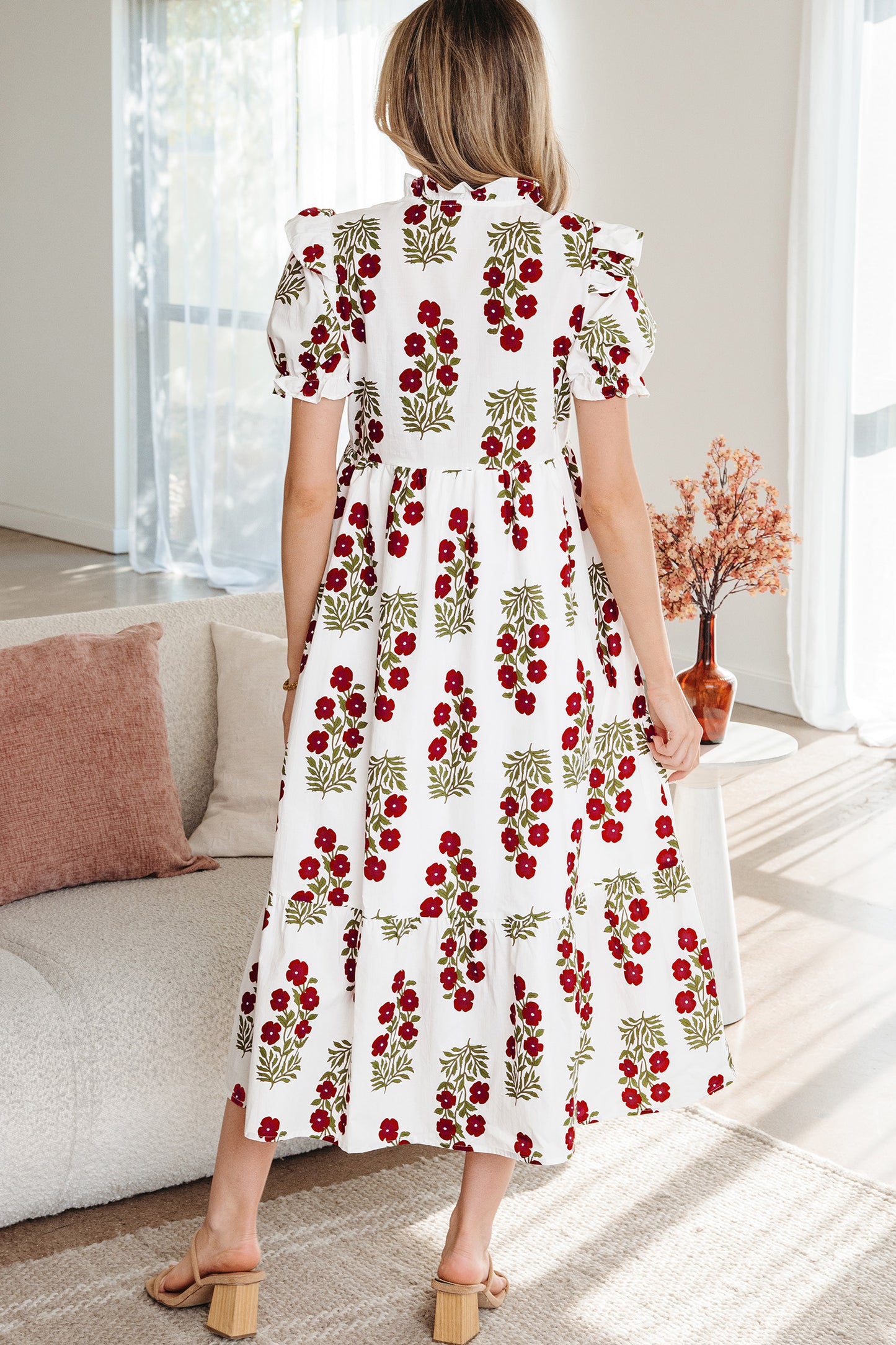 Beige Floral Short Bubble Sleeve Tiered Maxi Dress-TOPS / DRESSES-[Adult]-[Female]-2022 Online Blue Zone Planet