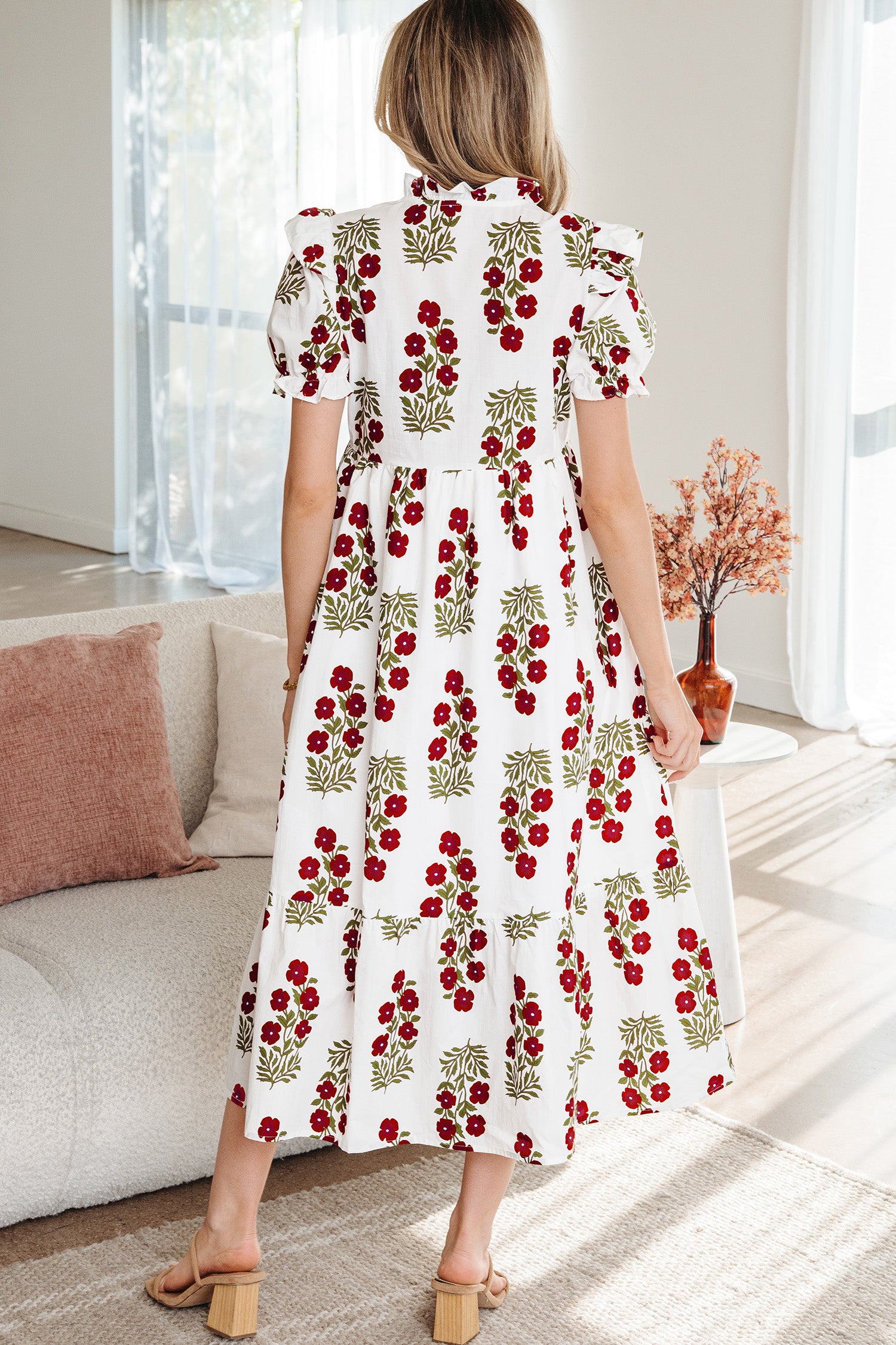 Beige Floral Short Bubble Sleeve Tiered Maxi Dress-TOPS / DRESSES-[Adult]-[Female]-2022 Online Blue Zone Planet