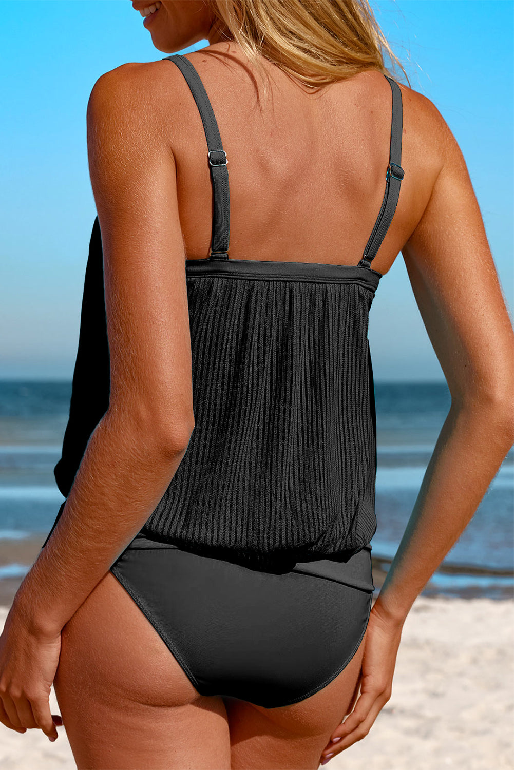 Blue Zone Planet |  Black Striped Mesh Knotted Hem Tankini Swimsuit Blue Zone Planet