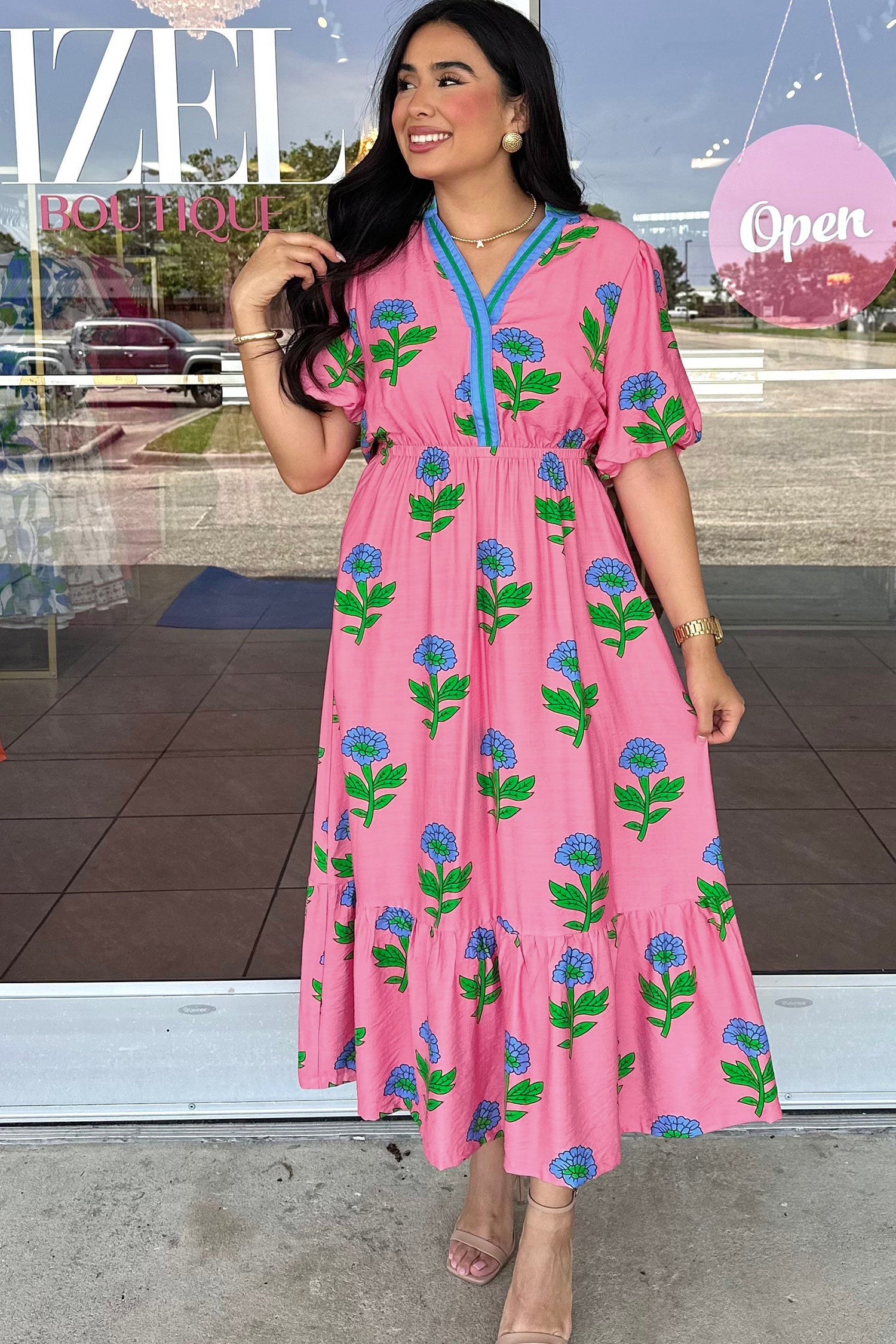 Pink Plus Size Striped V Neck Ruffled Floral Long Dress-Plus Size/Plus Size Dresses/Plus Size Maxi Dresses-[Adult]-[Female]-2022 Online Blue Zone Planet