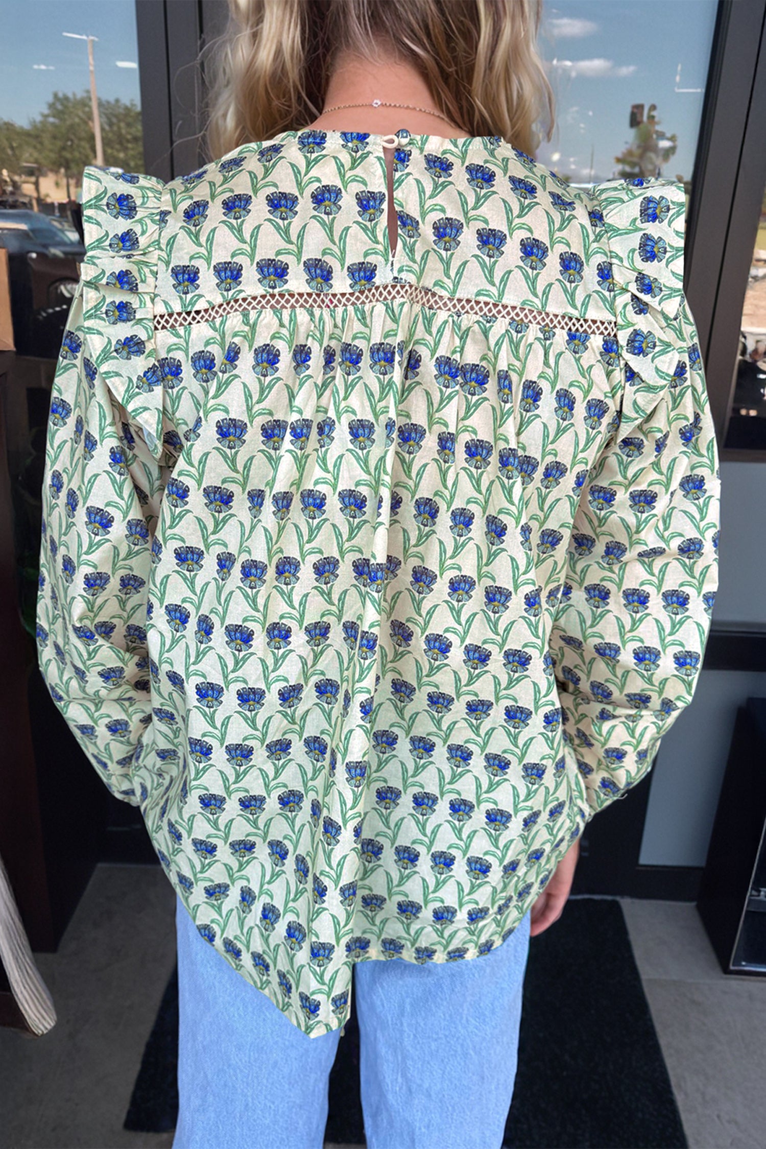 Green Floral Print Lace Detail Ruffle Trim Long Sleeve Blouse-Tops/Blouses & Shirts-[Adult]-[Female]-2022 Online Blue Zone Planet