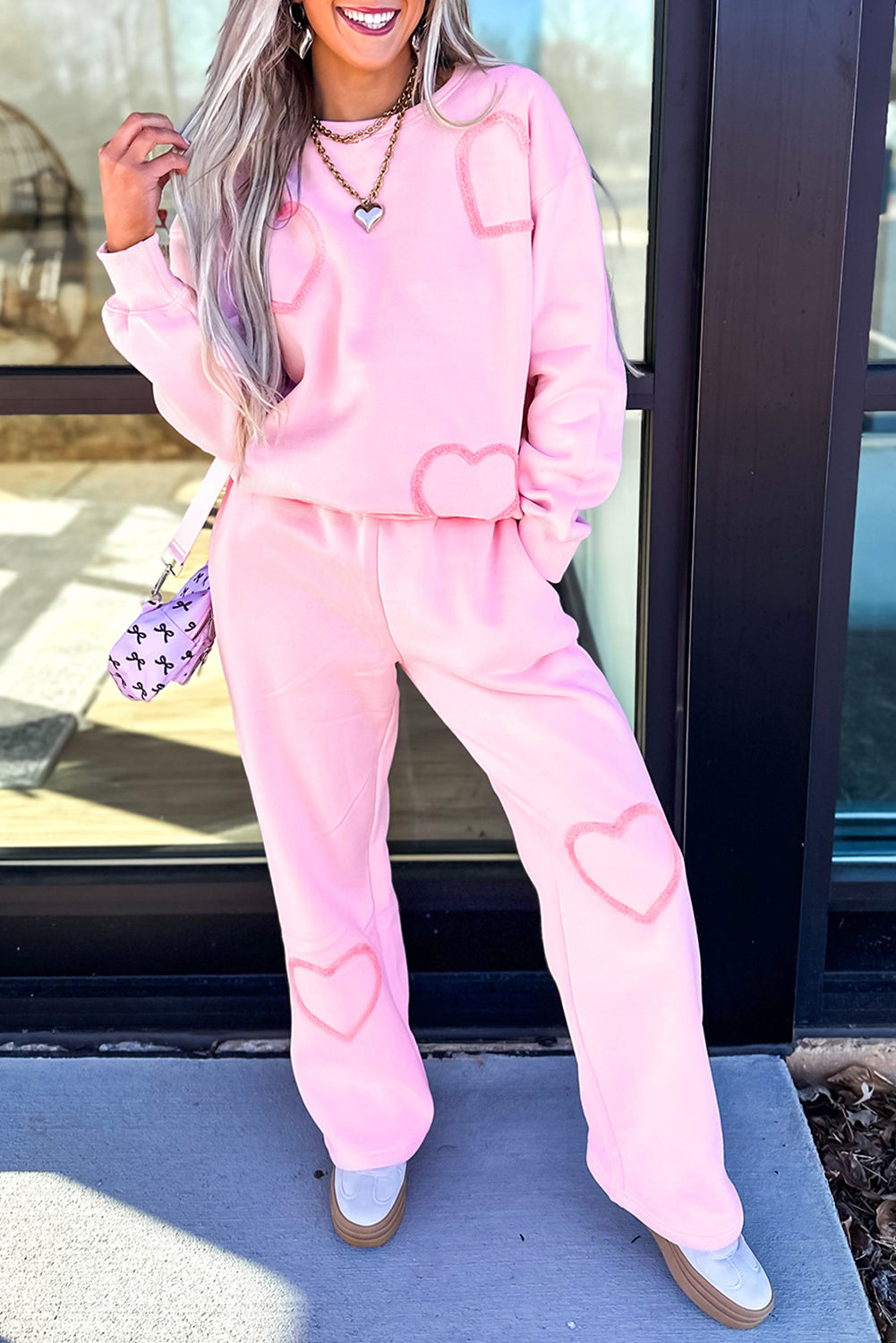 Phalaenopsis Chenille Heart Pattern Casual 2pcs Pants Set-Two Piece Sets/Pant Sets-[Adult]-[Female]-Phalaenopsis-S-2022 Online Blue Zone Planet