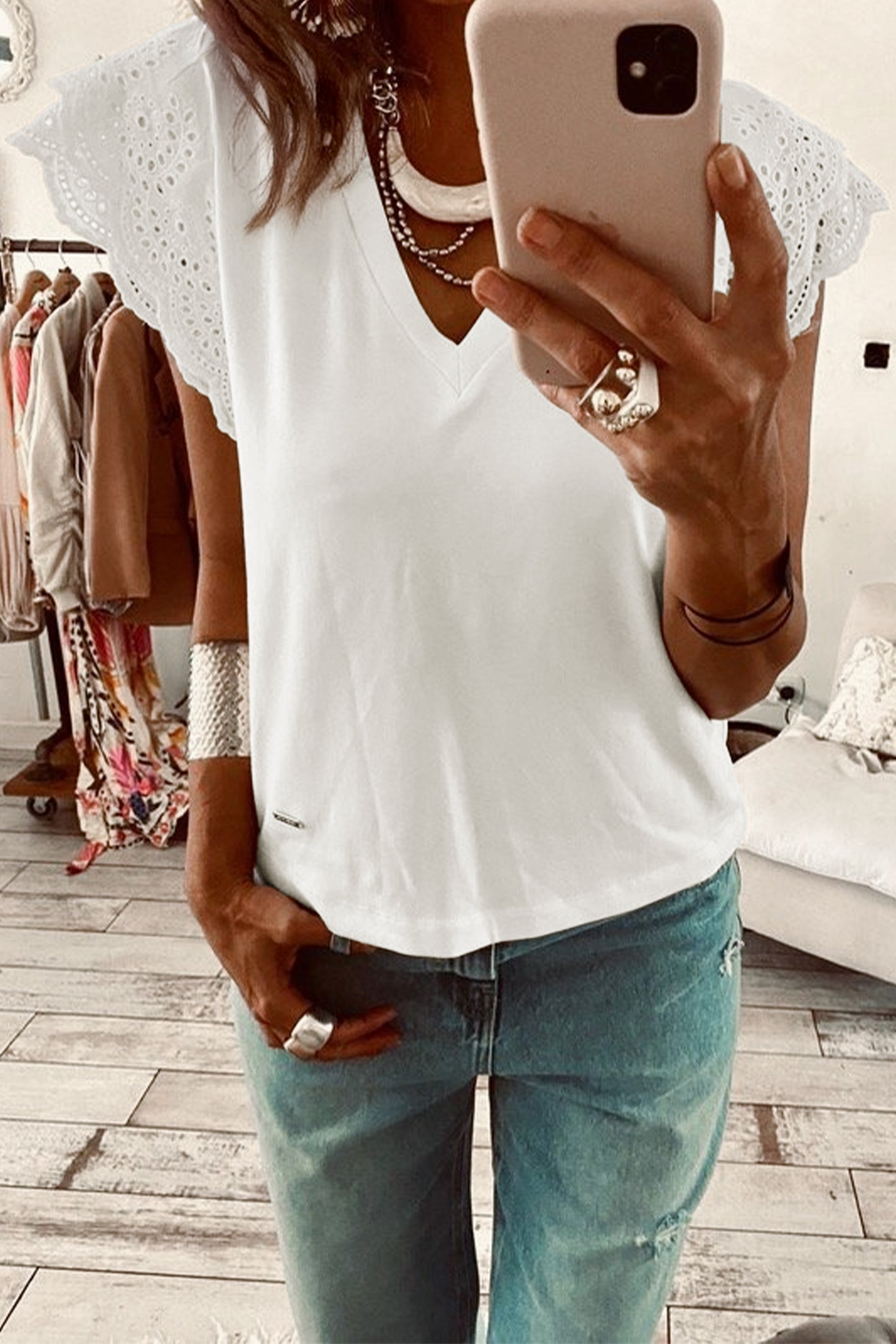 White Eyelet Embroidered Flutter Sleeve Patchwork V Neck Tee-Tops/Tops & Tees-[Adult]-[Female]-2022 Online Blue Zone Planet