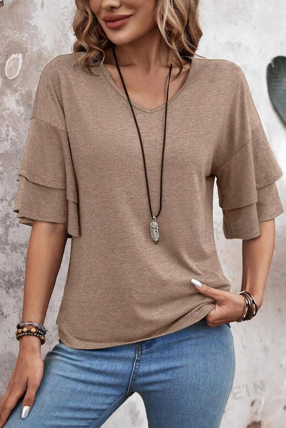 Dune Solid Colour V-Neck Double Layer Sleeve Loose T-Shirt-Tops/Tops & Tees-[Adult]-[Female]-2022 Online Blue Zone Planet