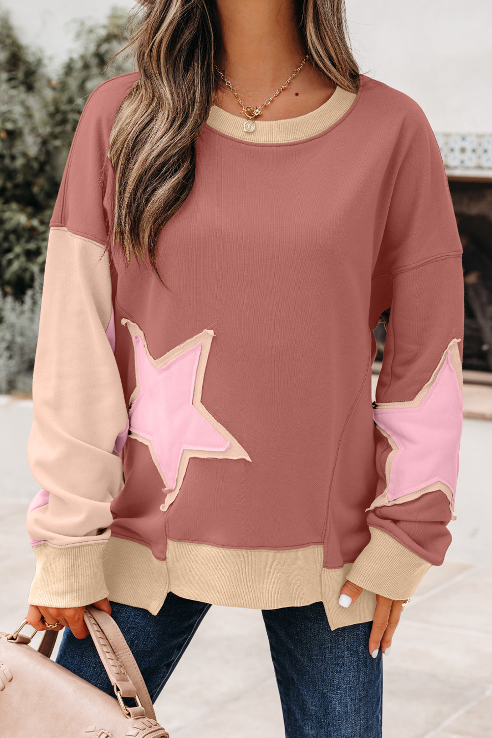 Rose Pink Contrast Star Patchwork Exposed Seam Uneven Hem Drop Shoulder Sweatshirt-Tops/Sweatshirts & Hoodies-[Adult]-[Female]-2022 Online Blue Zone Planet