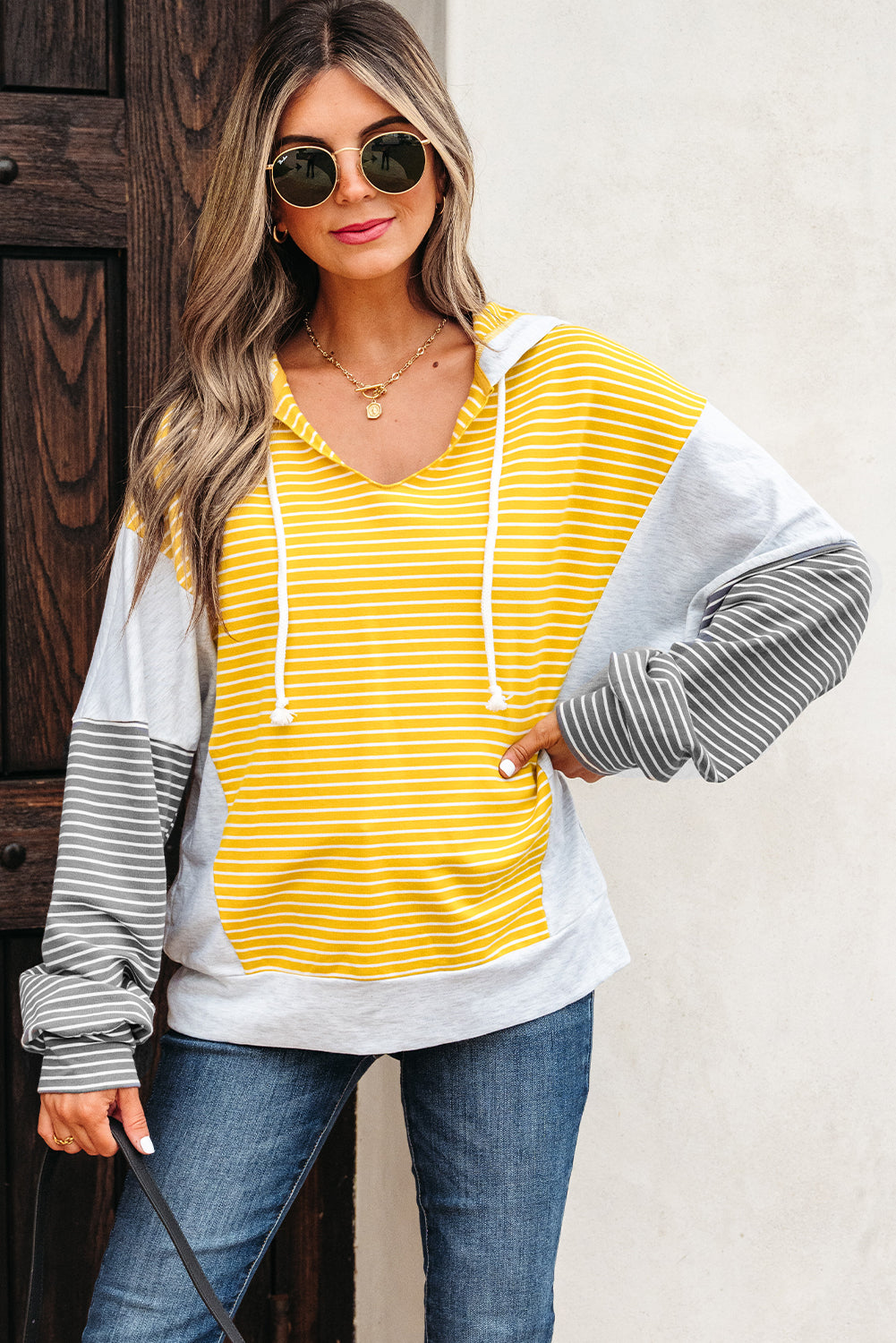 Yellow Stripe Color Block Drawstring V Neck Loose Fit Hooded Top-Tops/Sweatshirts & Hoodies-[Adult]-[Female]-2022 Online Blue Zone Planet