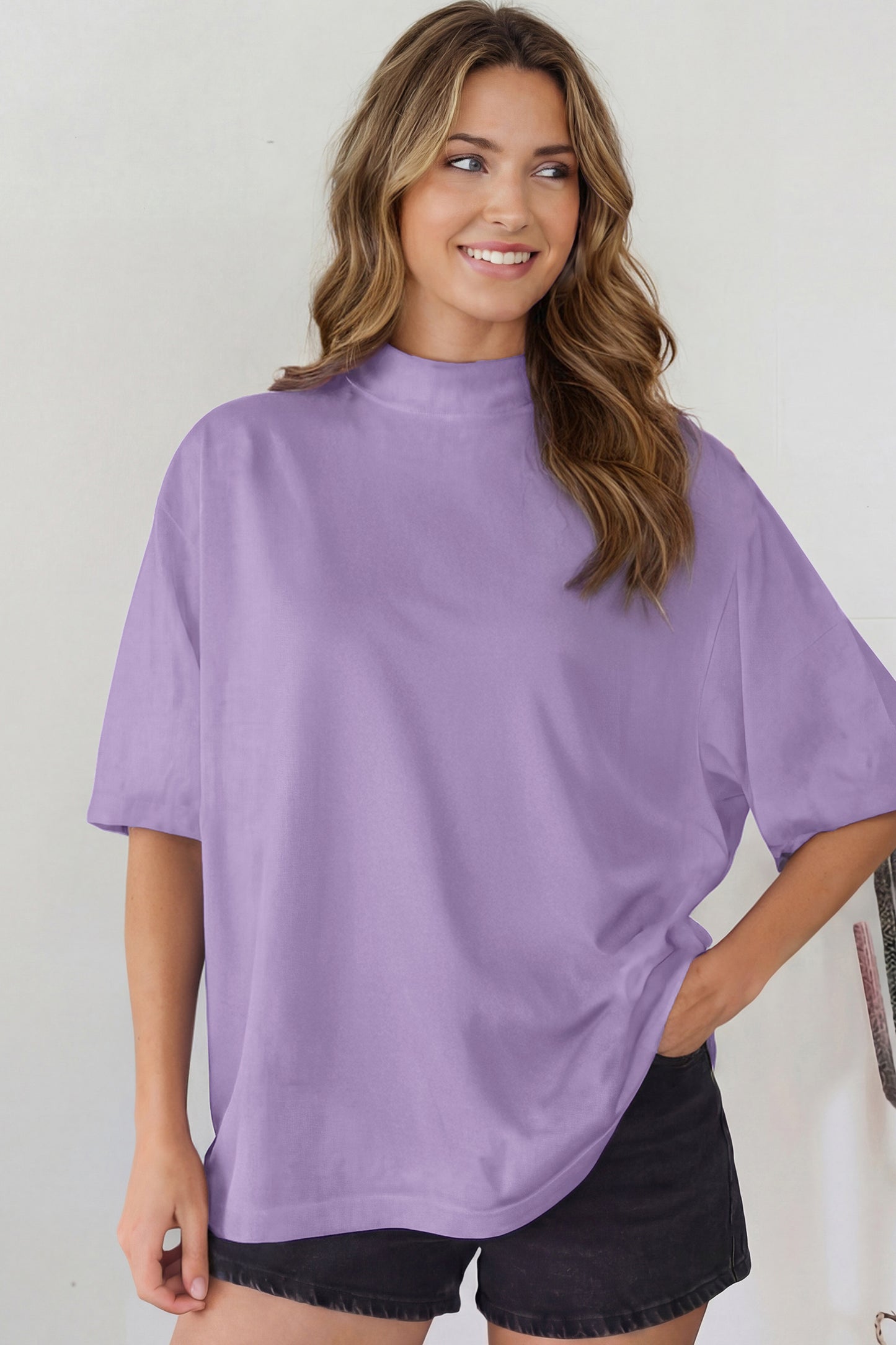 Pink Solid Color High Neck Oversize Tee-Tops/Tops & Tees-[Adult]-[Female]-2022 Online Blue Zone Planet