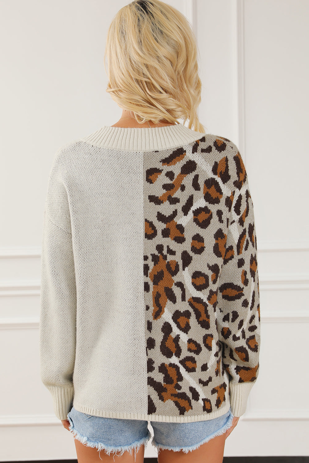 Leopard V Neck Drop Shoulder Sweater-TOPS / DRESSES-[Adult]-[Female]-2022 Online Blue Zone Planet