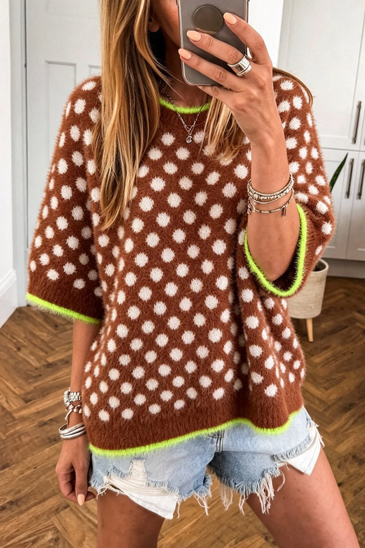 Coffee Polka Dot Contrast Trim Round Neck Half Sleeve Sweater-Sweaters & Cardigans/Short Sleeve Sweaters-[Adult]-[Female]-Coffee-S-2022 Online Blue Zone Planet