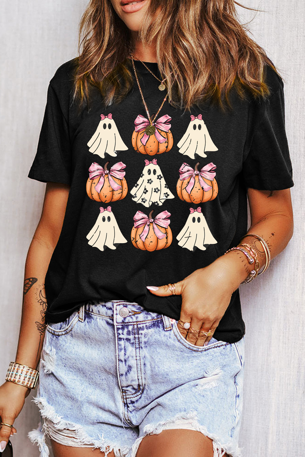 Black Bowknot Ghost Pumpkin Graphic Halloween T Shirt-Graphic/Graphic Tees-[Adult]-[Female]-2022 Online Blue Zone Planet