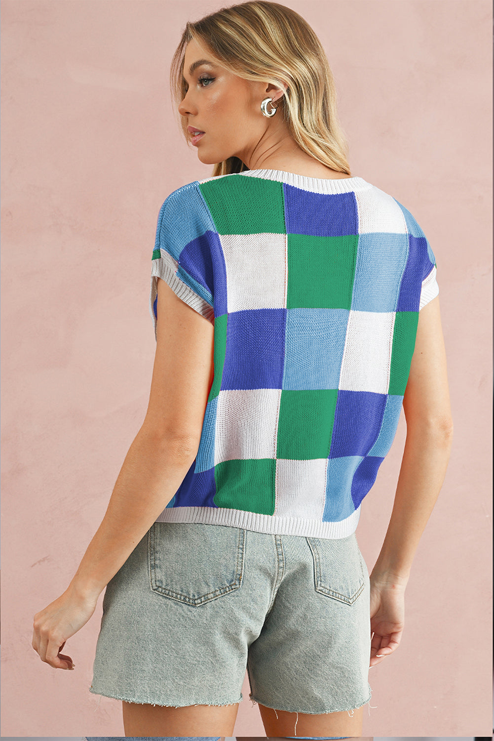 Tillandsia Purple Checkered Color Block Cap Sleeve Mardi Gras Knitted Top-Knit Tops-[Adult]-[Female]-2022 Online Blue Zone Planet