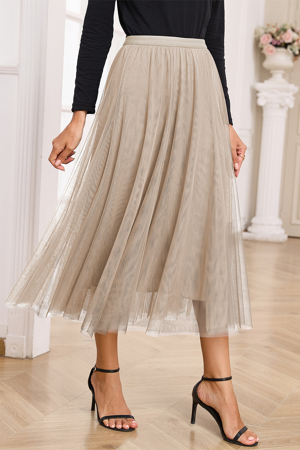 Apricot Tulle Mesh Overlay Flared Midi Skirt-Bottoms/Skirts & Petticoat-[Adult]-[Female]-2022 Online Blue Zone Planet