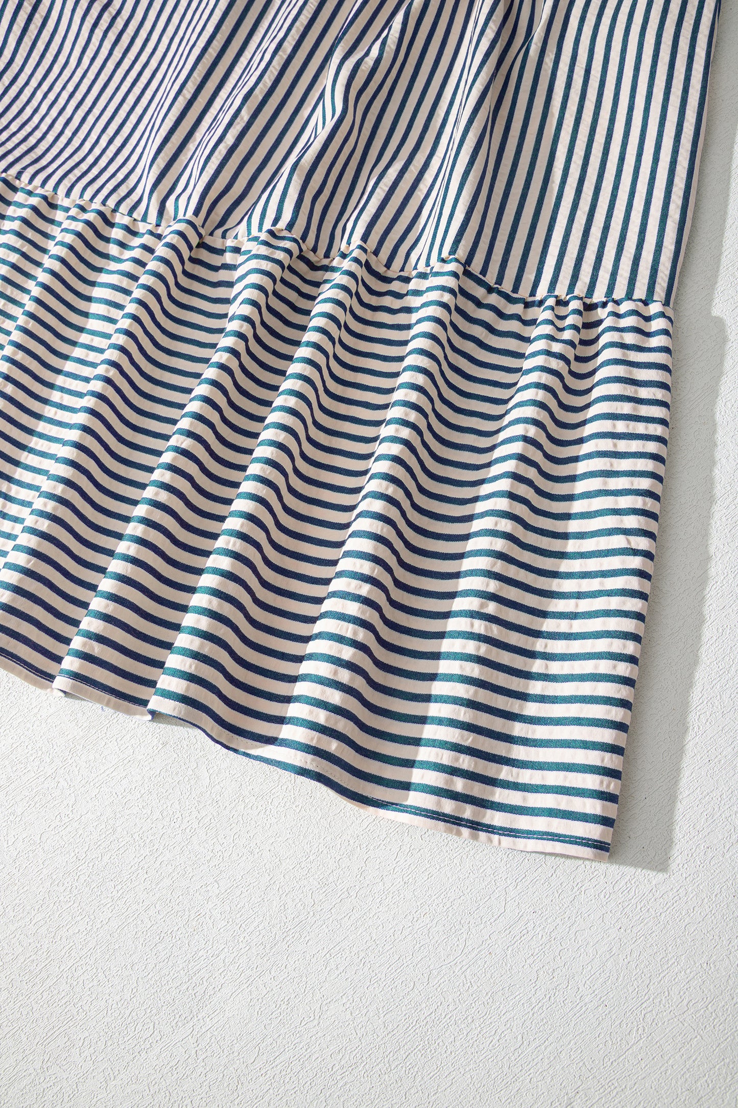 Green Stripe Double Ruffled Short Sleeve Contrast Trim V Neck Midi Dress-TOPS / DRESSES-[Adult]-[Female]-2022 Online Blue Zone Planet