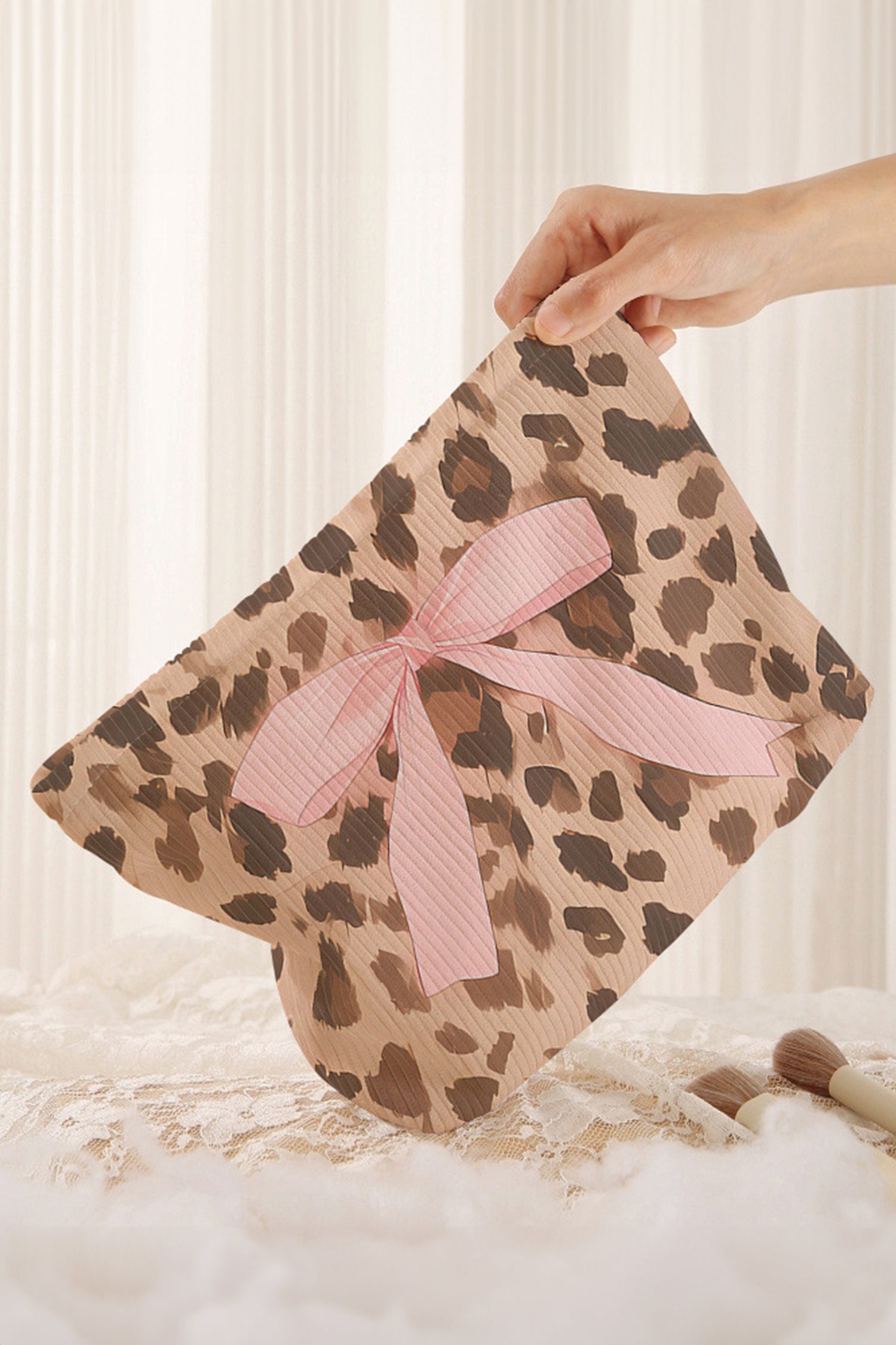 Camel Ribbon Bow Leopard Print Ribbed Cloth Makeup Bag-Shoes & Bags/Makeup Bags-[Adult]-[Female]-2022 Online Blue Zone Planet