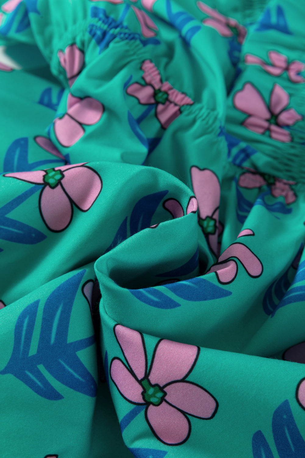 Green Floral Print Frilly Smocked Detail High Waist Mini Dress-TOPS / DRESSES-[Adult]-[Female]-2022 Online Blue Zone Planet