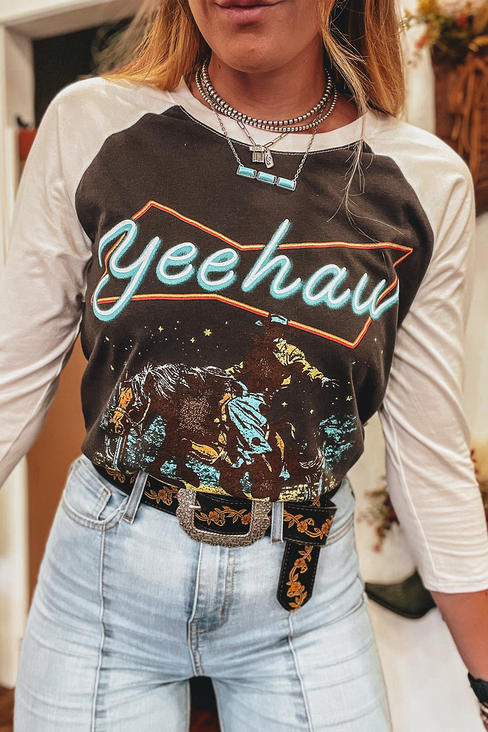 Brown Western Yeehaw Graphic Vintage Raglan Long Sleeve Top-Graphic/Graphic Long Sleeve Tees-[Adult]-[Female]-Brown-S-2022 Online Blue Zone Planet