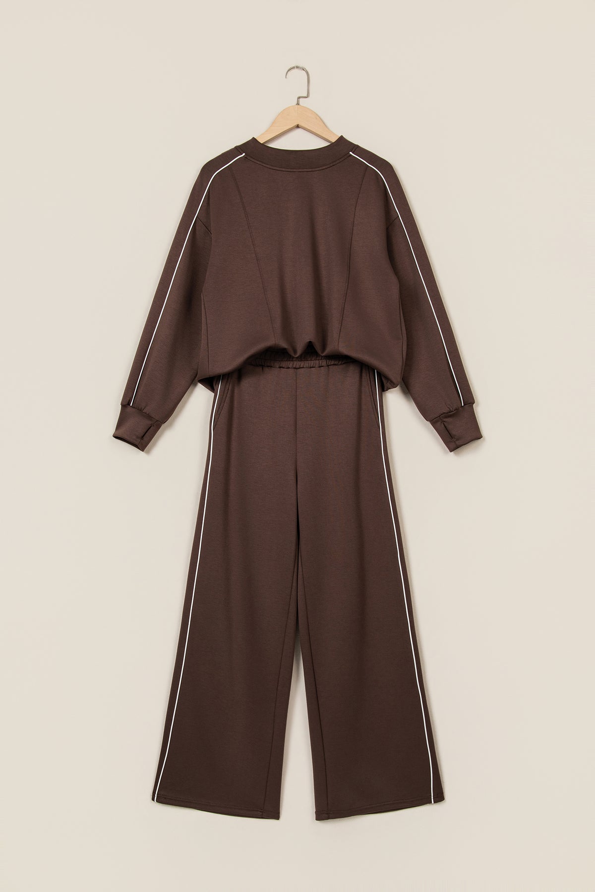 Coffee Sporty Piping Trim Mock Neck Pullover Relaxed 2pcs Pant Set-Two Piece Sets/Pant Sets-[Adult]-[Female]-2022 Online Blue Zone Planet