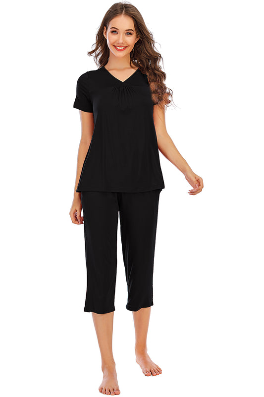 V-Neck Short Sleeve Top and Pants Lounge Set-TOPS / DRESSES-[Adult]-[Female]-Black-S-2022 Online Blue Zone Planet