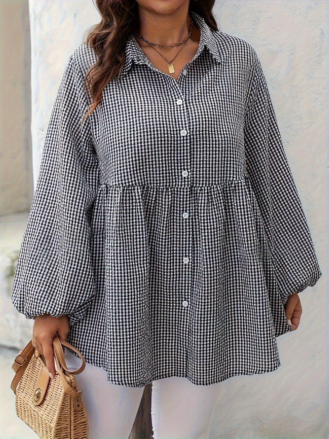 Plus Size Plaid Collared Neck Long Sleeve Shirt-TOPS / DRESSES-[Adult]-[Female]-Black-L-2022 Online Blue Zone Planet