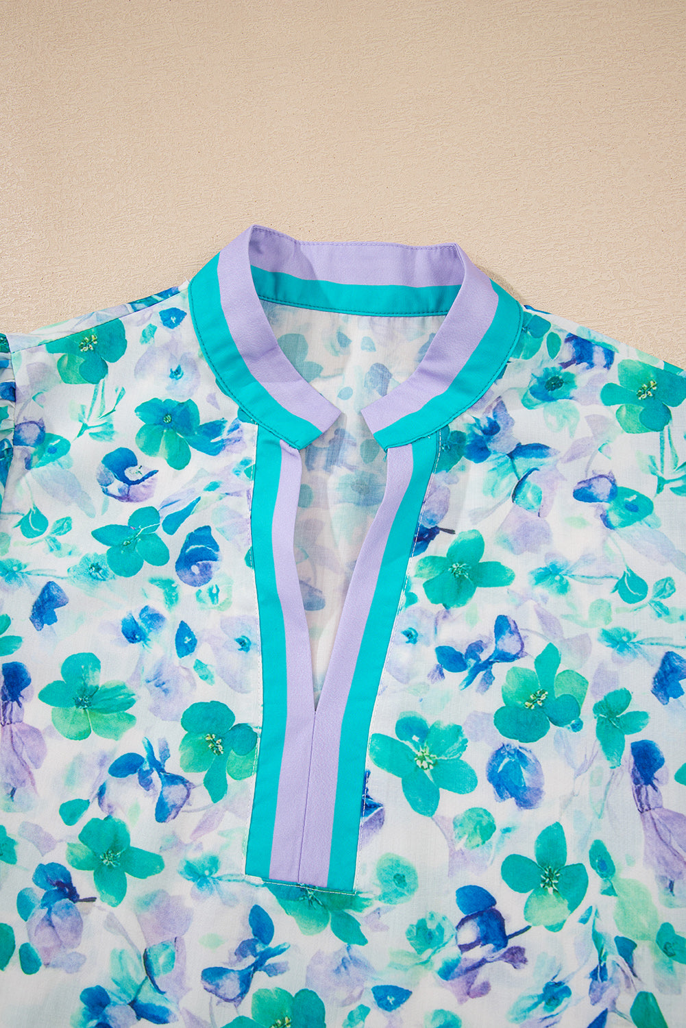 Green Floral Print Striped Trim Split V Neck Puff Short Sleeve Blouse-Tops/Blouses & Shirts-[Adult]-[Female]-2022 Online Blue Zone Planet