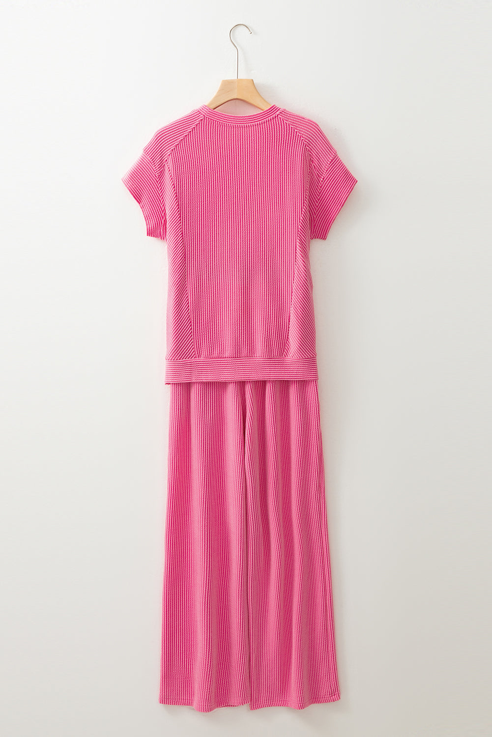 Wild Wind Solid Corded Short Sleeve T Shirt and Wide Leg Pants Set-Two Piece Pants Sets-[Adult]-[Female]-2022 Online Blue Zone Planet
