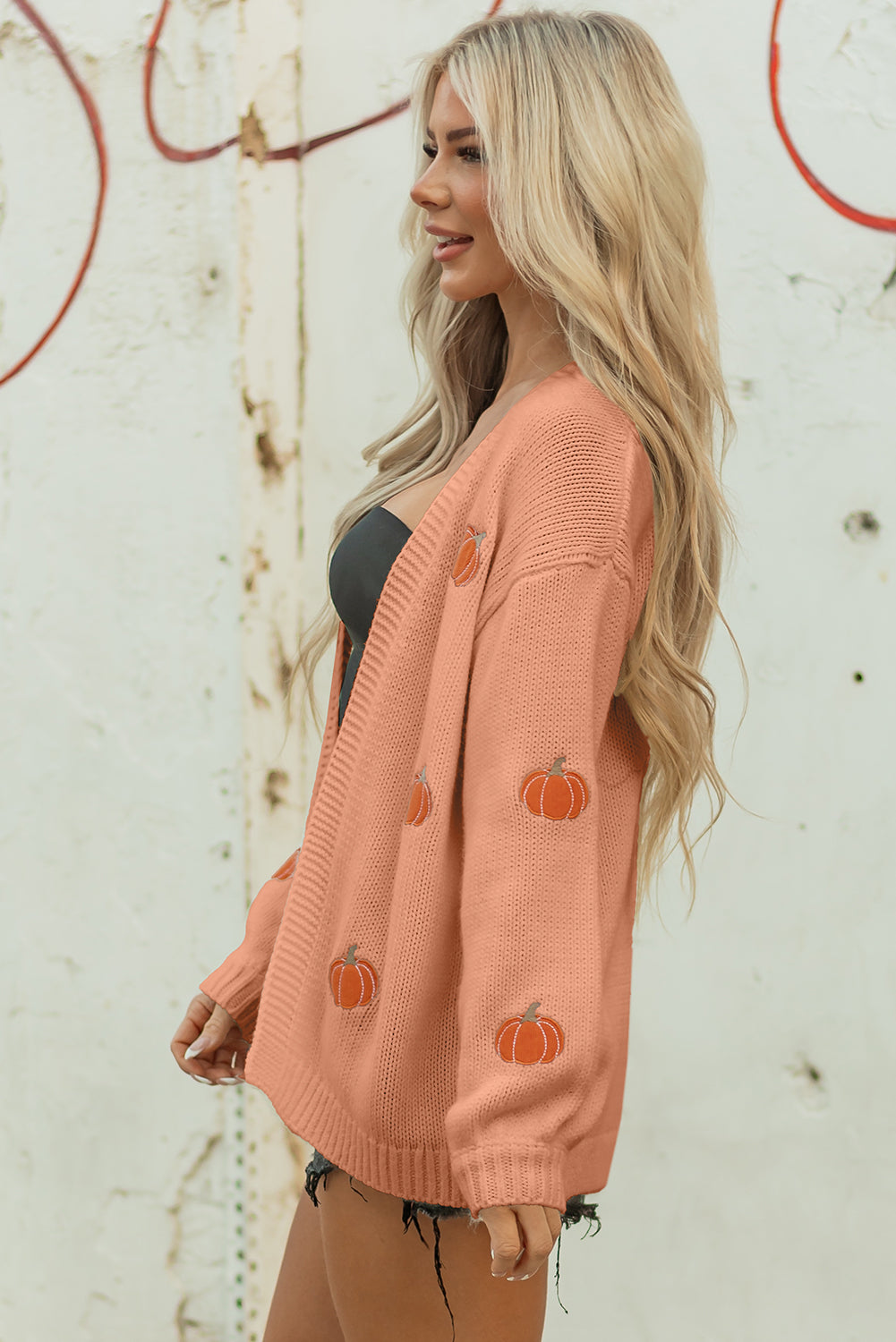Straw Yellow Pumpkin Tree Print Open Front Drop Shoulder Midi Cardigan-Sweaters & Cardigans/Cardigans-[Adult]-[Female]-2022 Online Blue Zone Planet