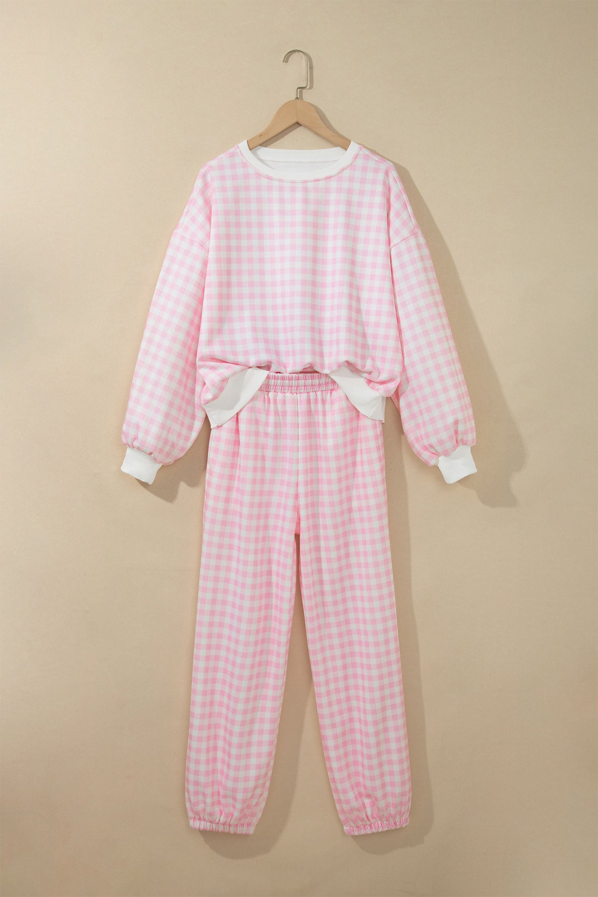 Pink Plaid Long Sleeve Two Piece Pant Set-Two Piece Sets/Pant Sets-[Adult]-[Female]-2022 Online Blue Zone Planet