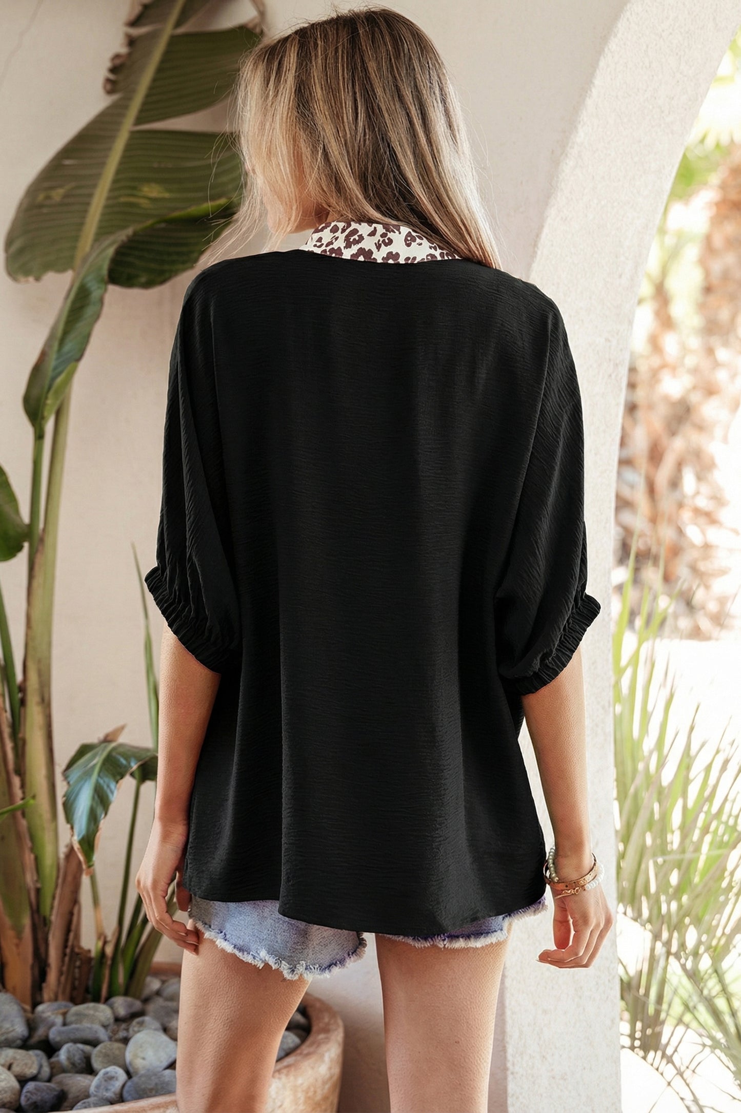 Black Dolman Half Sleeve Leopard Patchwork Trim V Neck Blouse-Tops/Blouses & Shirts-[Adult]-[Female]-2022 Online Blue Zone Planet