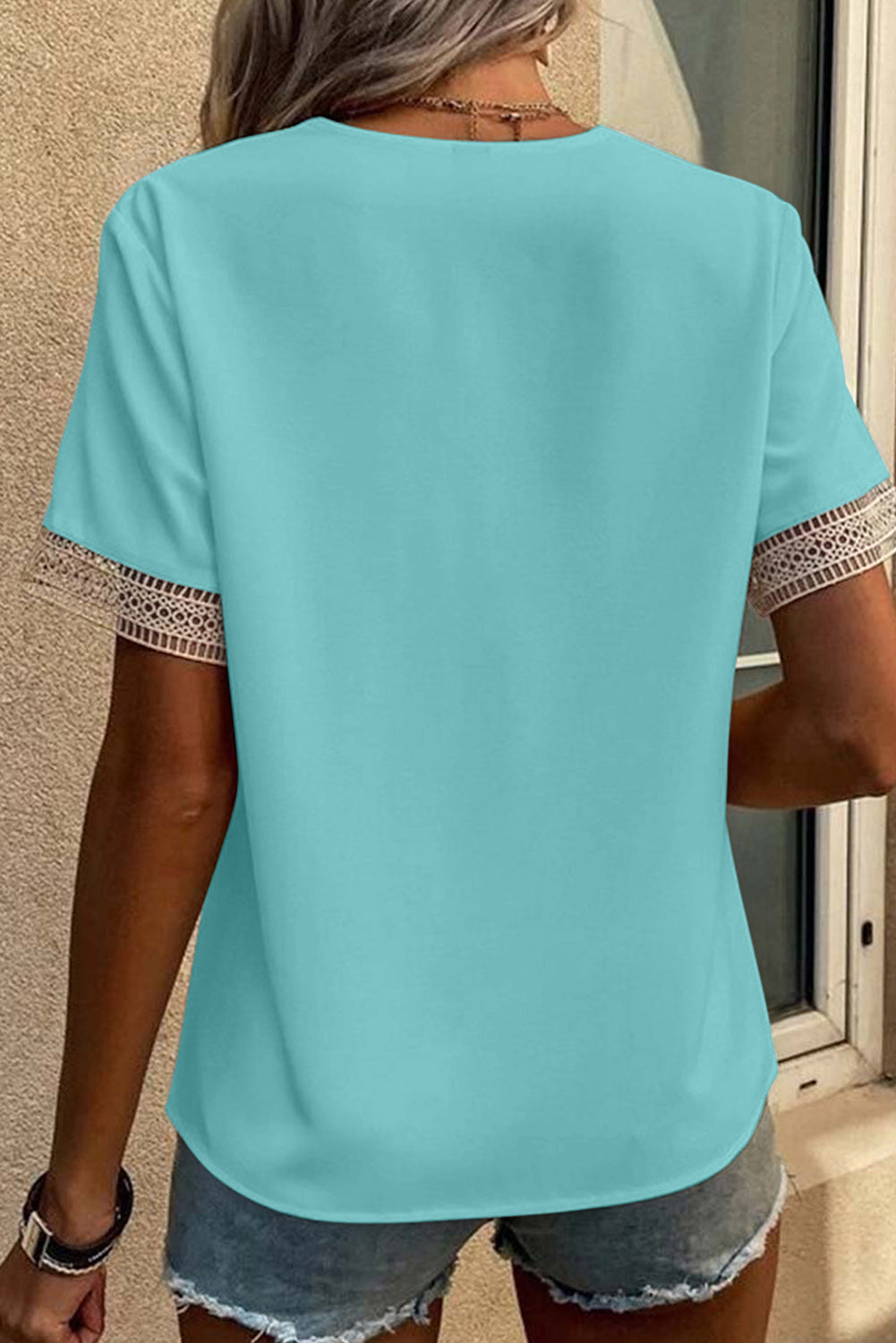 Green Lace Trim V Neck Short Sleeve Blouse-Tops/Blouses & Shirts-[Adult]-[Female]-2022 Online Blue Zone Planet