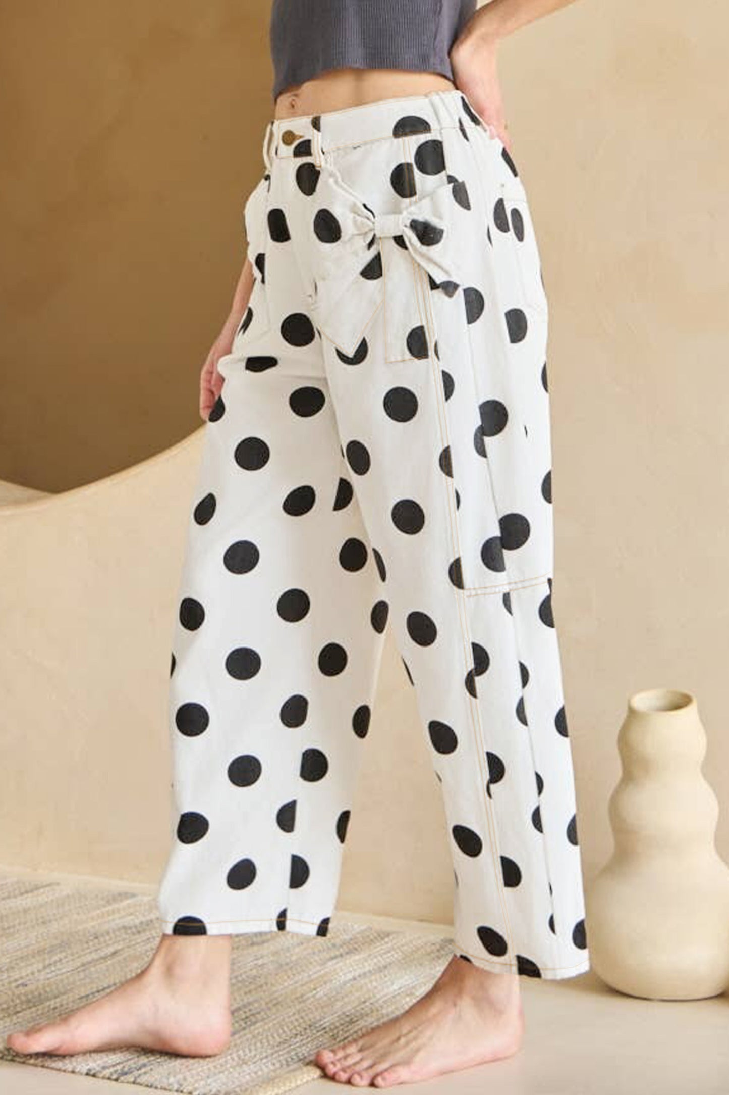 White Polka Dot Print Bow Detail Pocketed Jeans-Bottoms/Jeans-[Adult]-[Female]-2022 Online Blue Zone Planet
