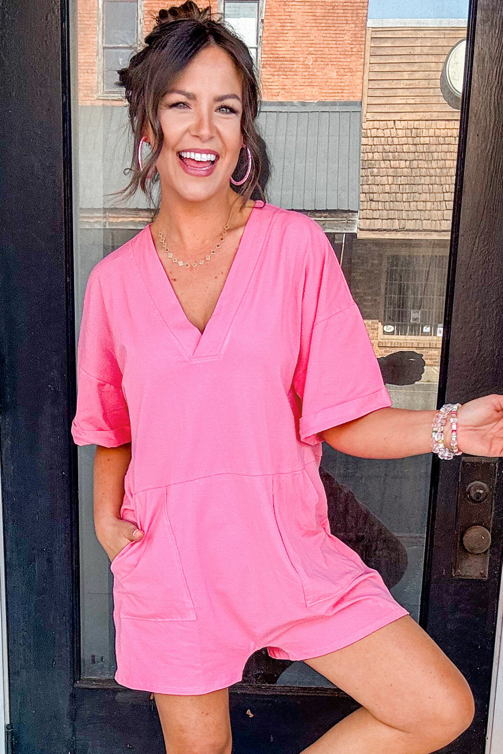 Bonbon Loose Half Sleeve V Neck Knit Romper-Bottoms/Jumpsuits & Rompers-[Adult]-[Female]-2022 Online Blue Zone Planet