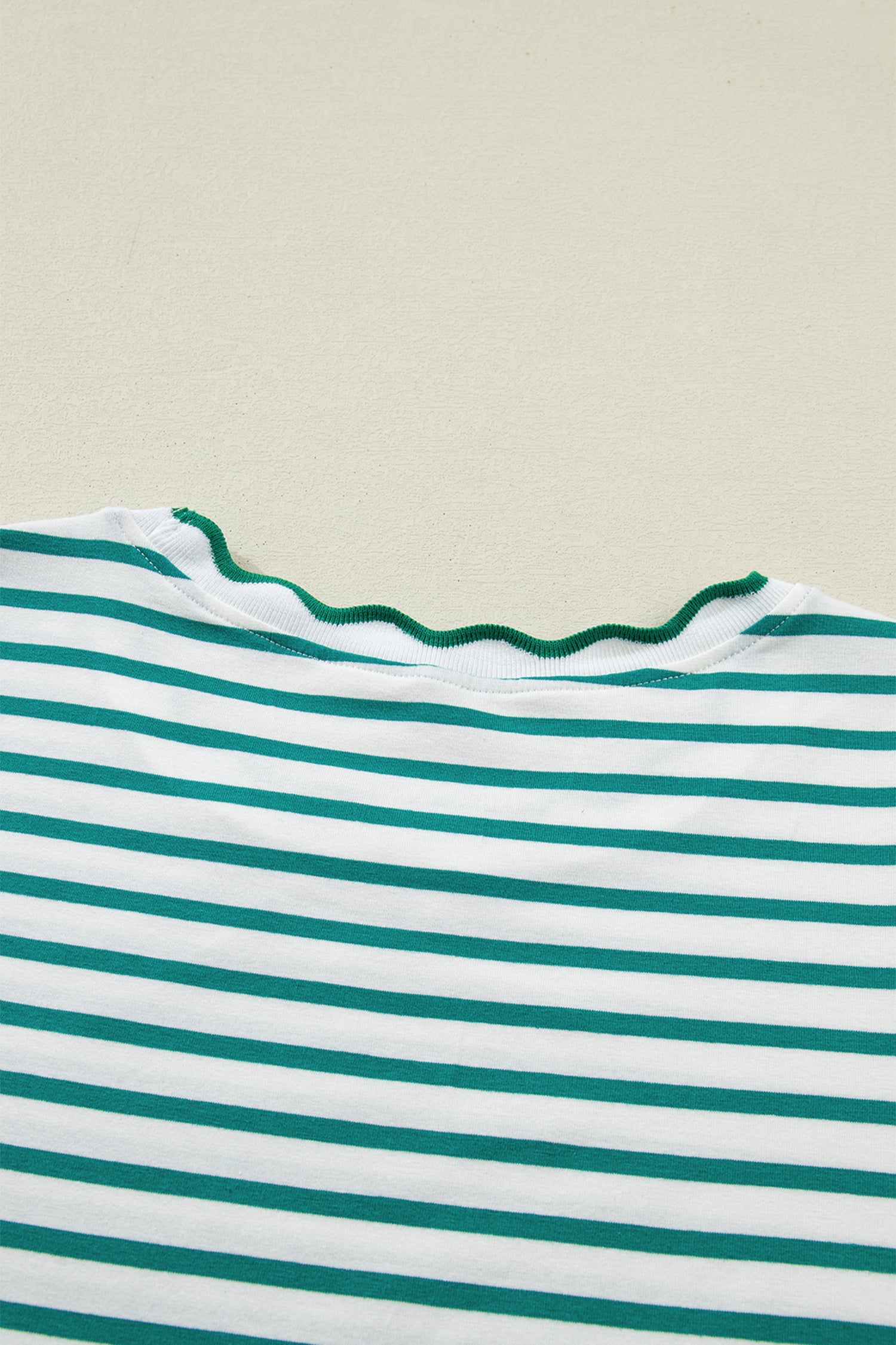 Pink Stripe Scalloped Trim Round Neck T Shirt-Tops/Tops & Tees-[Adult]-[Female]-2022 Online Blue Zone Planet