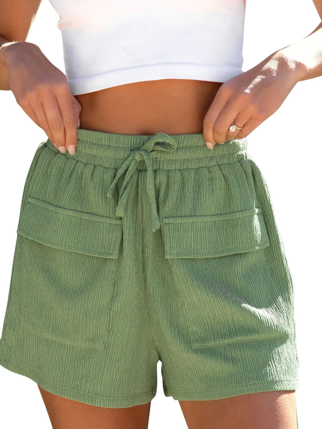 Drawstring High Waist Shorts with Pockets-BOTTOMS SIZES SMALL MEDIUM LARGE-[Adult]-[Female]-Matcha Green-S-2022 Online Blue Zone Planet