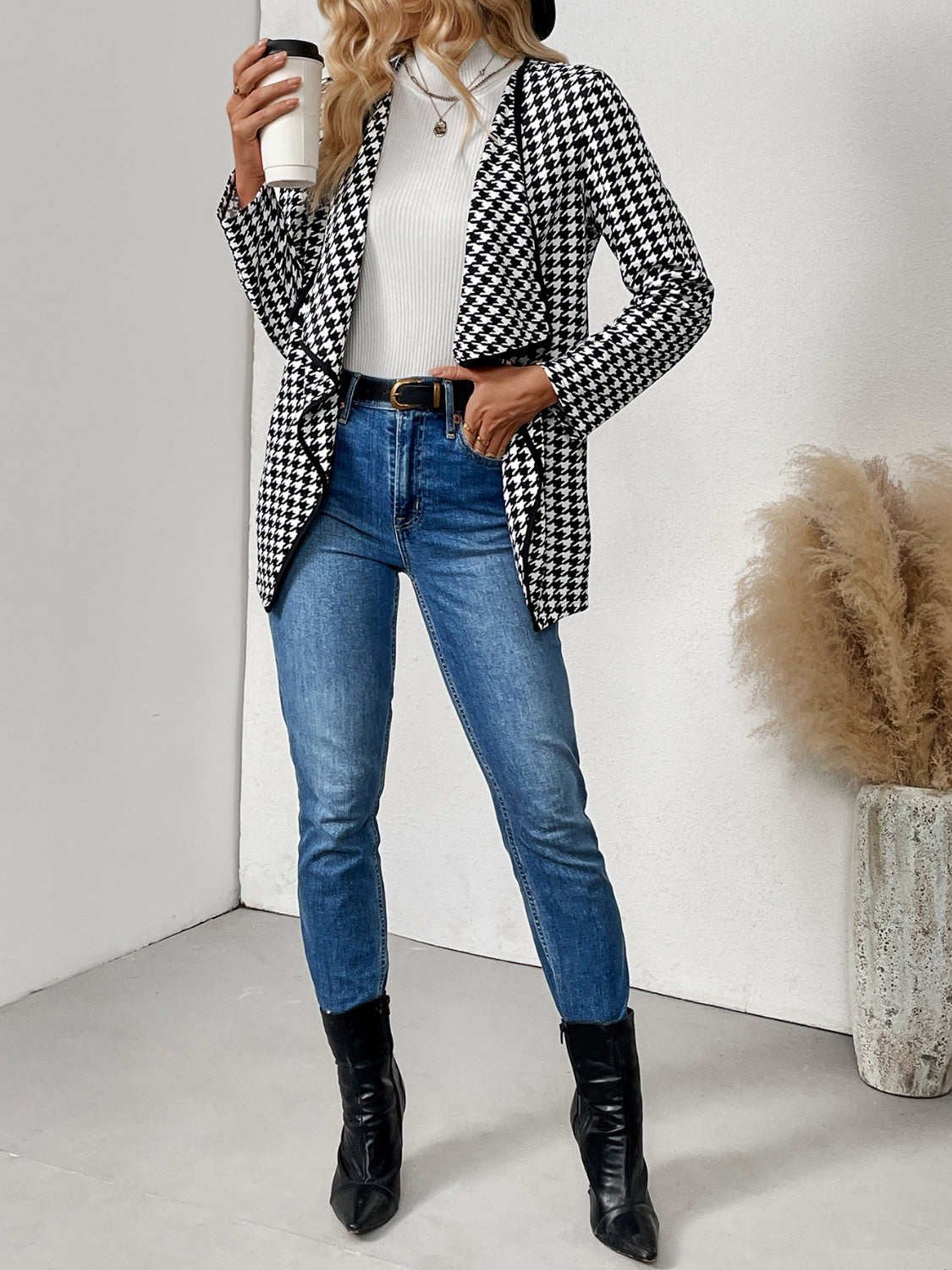 Houndstooth Open Front Long Sleeve Jacket-TOPS / DRESSES-[Adult]-[Female]-2022 Online Blue Zone Planet