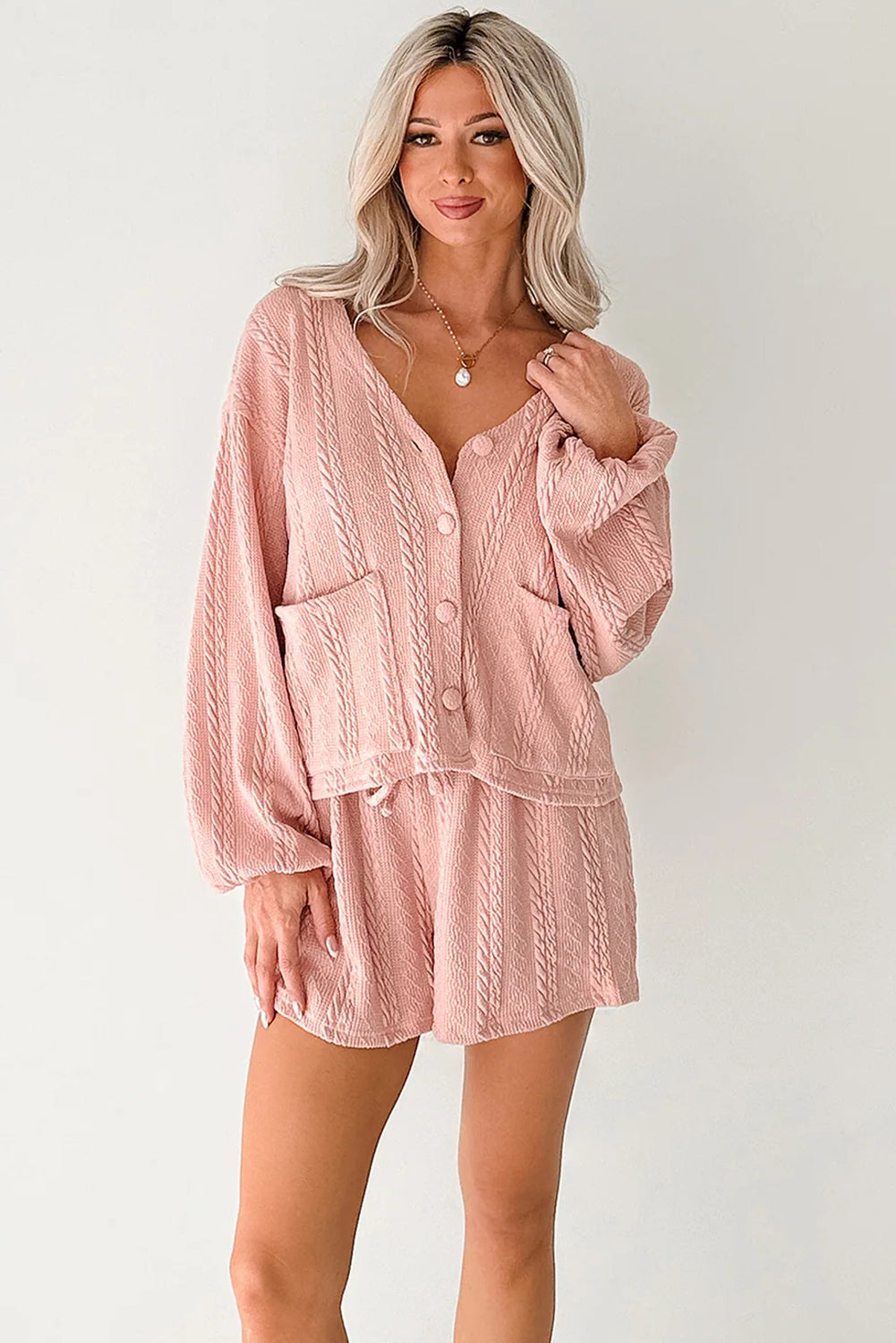 Gossamer Pink Cable Knit V Neck Cardigan Shorts Set-Two Piece Sets/Short Sets-[Adult]-[Female]-2022 Online Blue Zone Planet